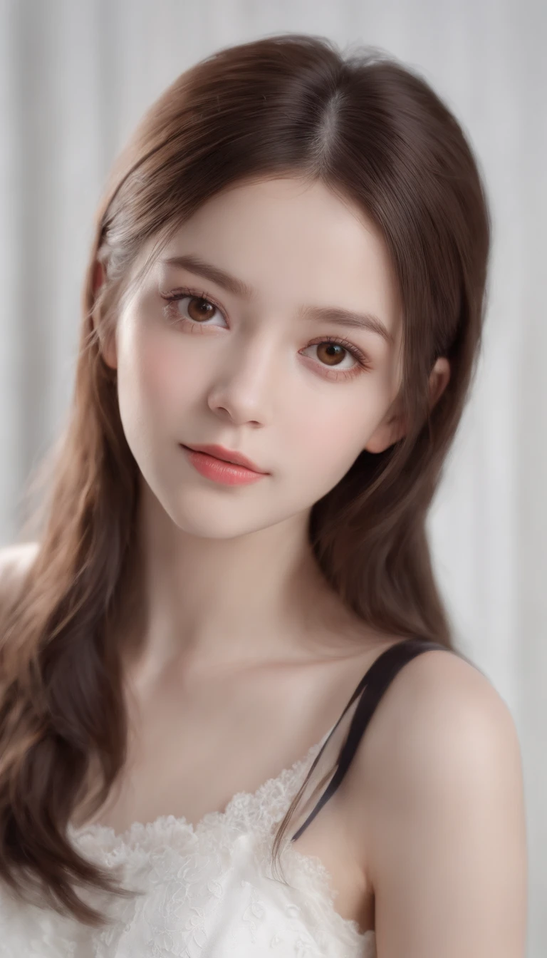 Masterpiece,Best quality,(Photorealistic:1.3),Ultra detailed,Beautiful,romanticism lain,1girll,Small face,Pale skin,((Brown eyes)),Black long hair,(White background:1.4),Ray tracing,