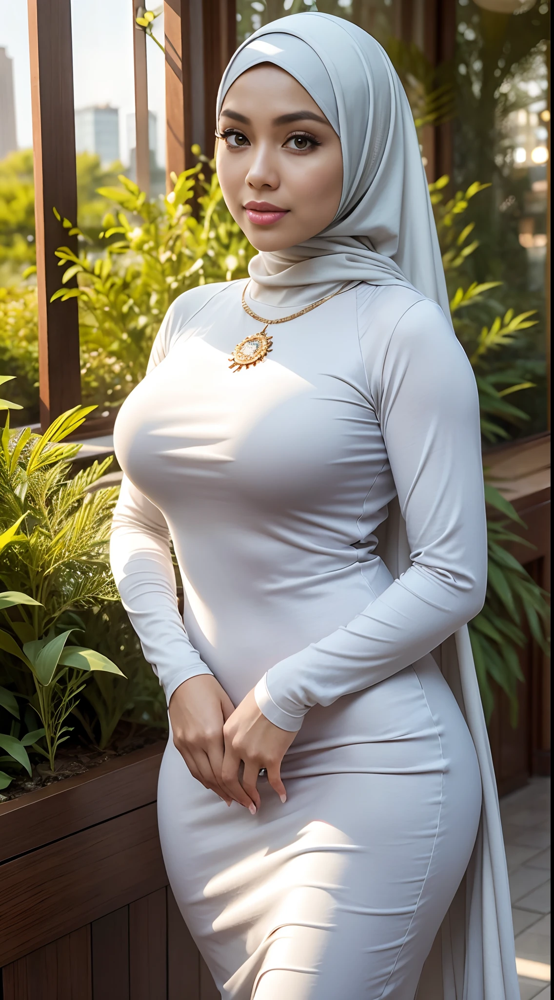 RAW, Best quality, high resolution, masterpiece: 1.3), beautiful Malay woman in hijab,wearing turtleneck dress, perfect slim fit body, (big breasts), big gorgeous eyes, Soft smile, Delicate turtleneck print sun dress, necklace, shairband, afternoon walk, City garden, Excellent lighting, Bright colors, Clean lines