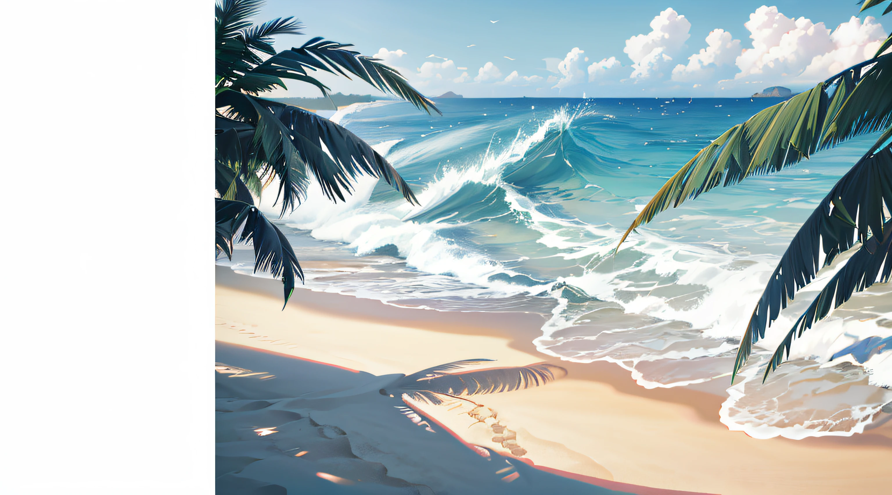 Wallpaper, Sea, Breaking Waves, Pink Sky, Beach, palm tree, sand, hills, shores, sand on the right, sea on the left, shaping straight line from top to bottom, beach shores, more sand, tree trunk on the sand, no city, no resort, HD Detail, Ultra Detail, Film, Hyper Realism, Soft Light, Deep Field Focus Bokeh, Ray Tracing, Diffuse (extra fine glass reflections). --v6