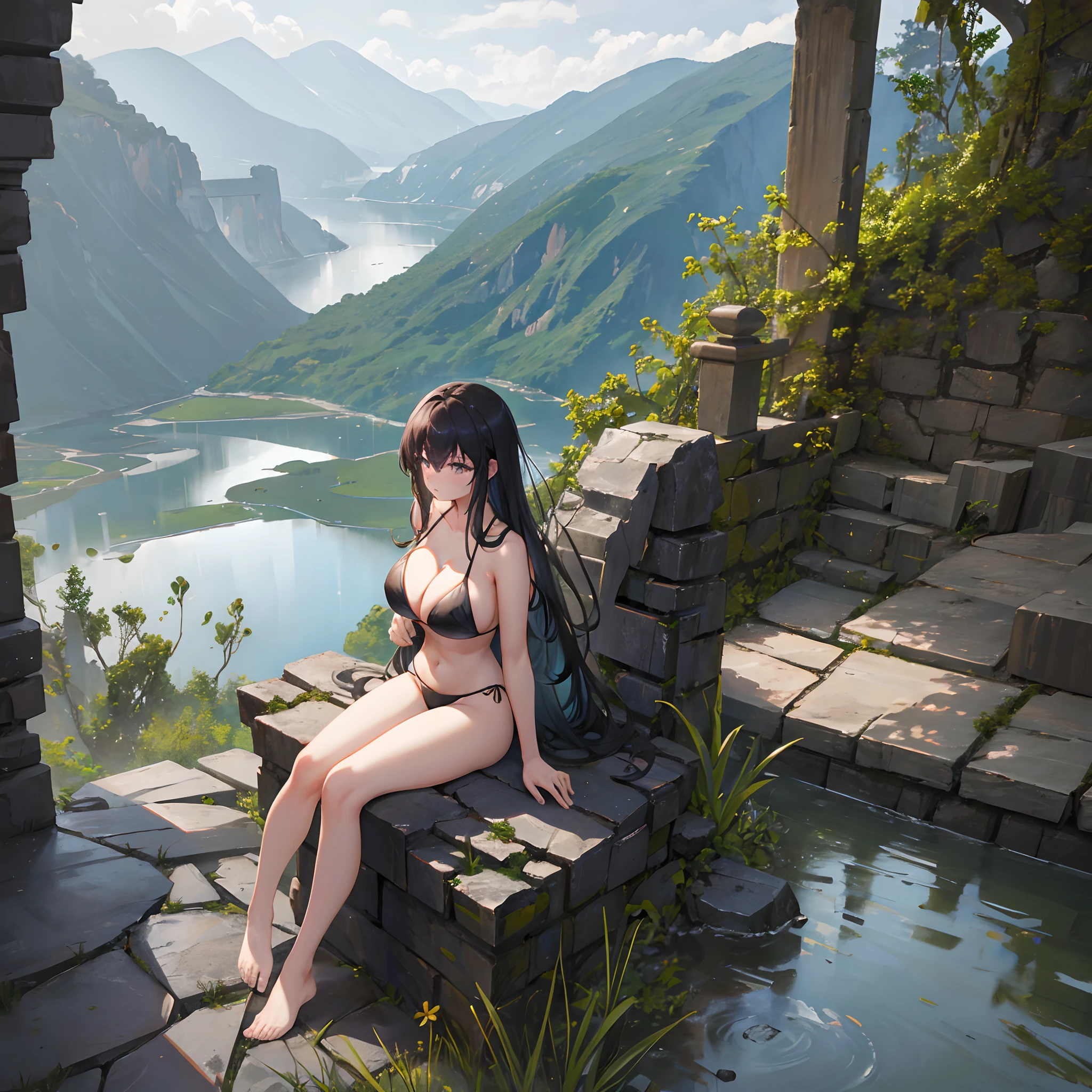 Stone corridor outside the cliff，Vista of an artificial lake，Heavy rainy days，heavy rain，Black long hair，gigantic cleavage breasts，sit on chair，Full body like，slingshot swimsuit,No shoes,Corridor edge，Gaze at the view outside