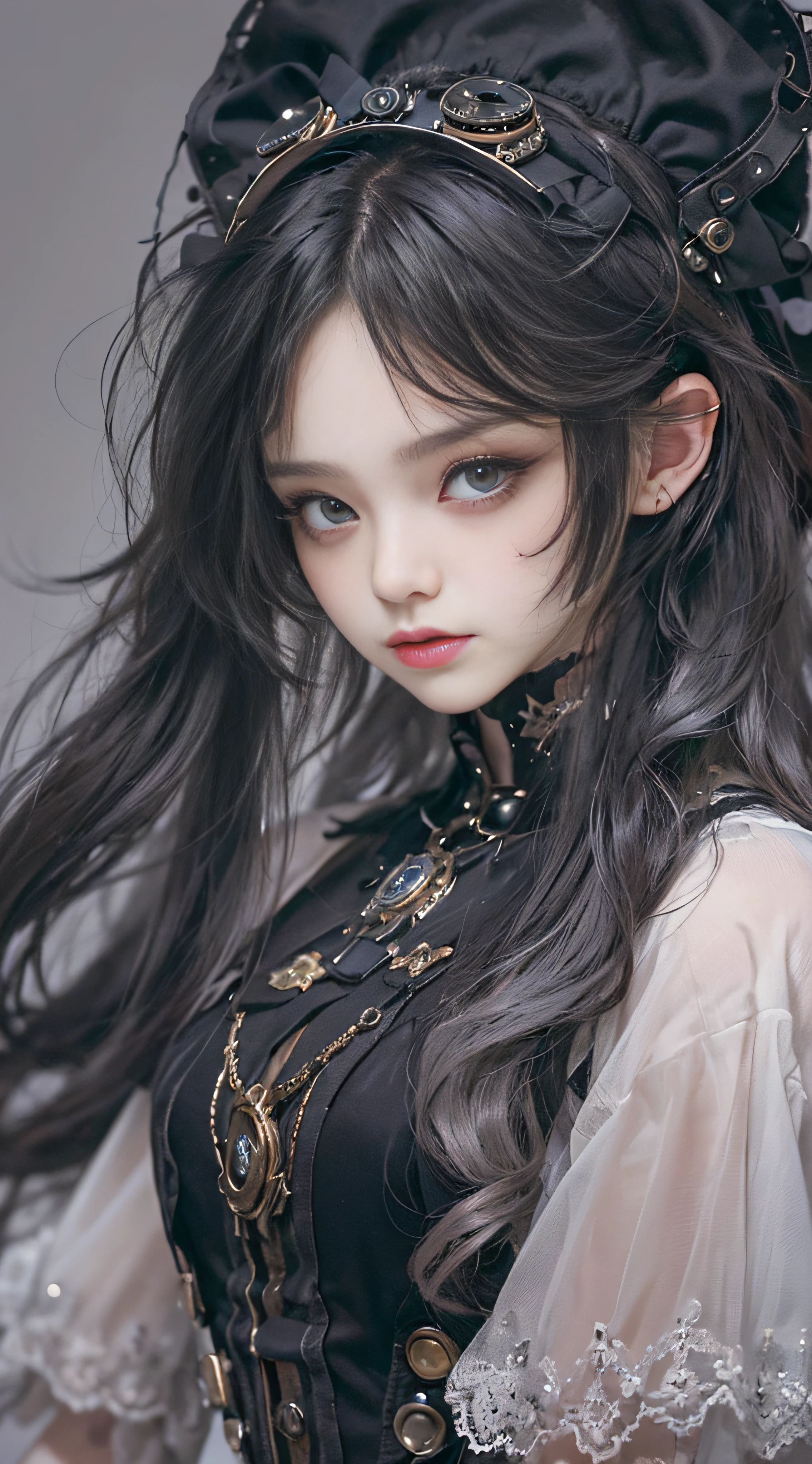 (((Masterpiece, top quality, ultra-detailed))), (((1 Infinity Mage Girl))), , (((very detailed face))), small thin nose, small thin-lipped mouth, (((very sharp focused eyes))), very large slit precision pale grey eyes, sparkling like jewels. Very long eyelashes, long black hair in black vertical curls, with fringes, ((Steampunk fashion, Gothic Lolita fashion))