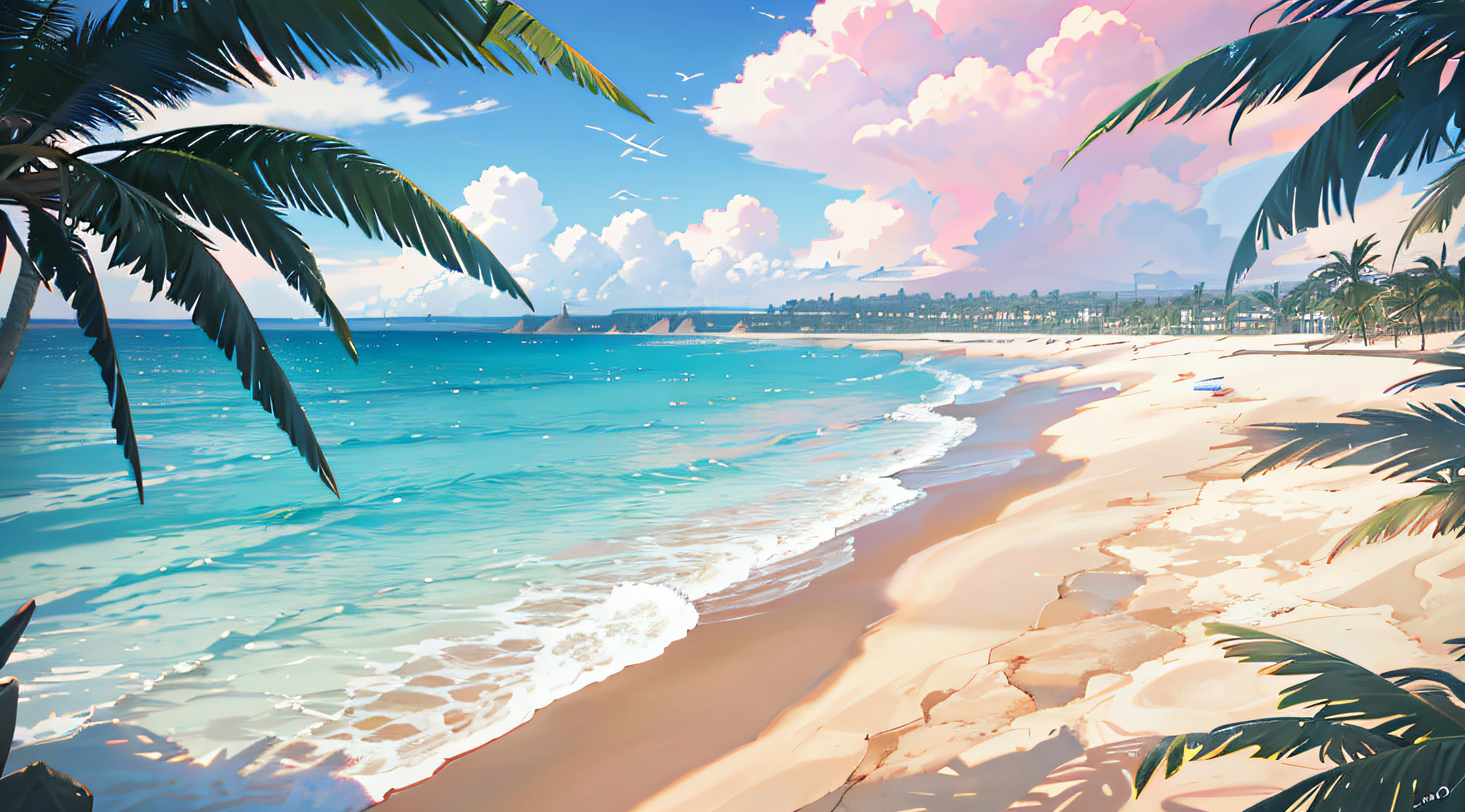 Wallpaper, Sea, Breaking Waves, Pink Sky, Beach, palm tree, sand, hills, shores, sand on the right, sea on the left, shaping straight line from top to bottom, beach shores, more sand, tree trunk on the sand, no city, no resort, HD Detail, Ultra Detail, Film, Hyper Realism, Soft Light, Deep Field Focus Bokeh, Ray Tracing, Diffuse (extra fine glass reflections). --v6