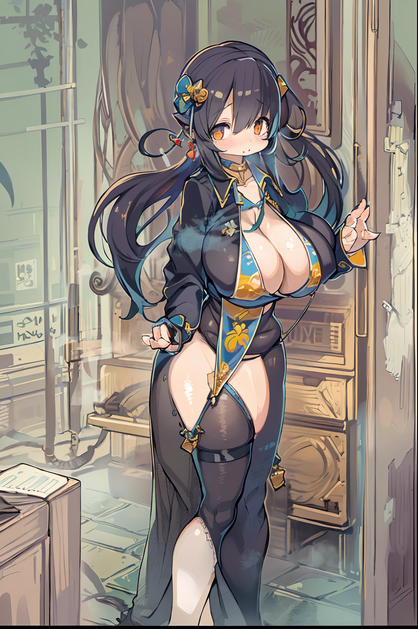 masutepiece, Best Quality, 1girl in, JinxLol, Solo, Large breasts, cleavage,, breast curtains, , 、((((huge-breasted))))