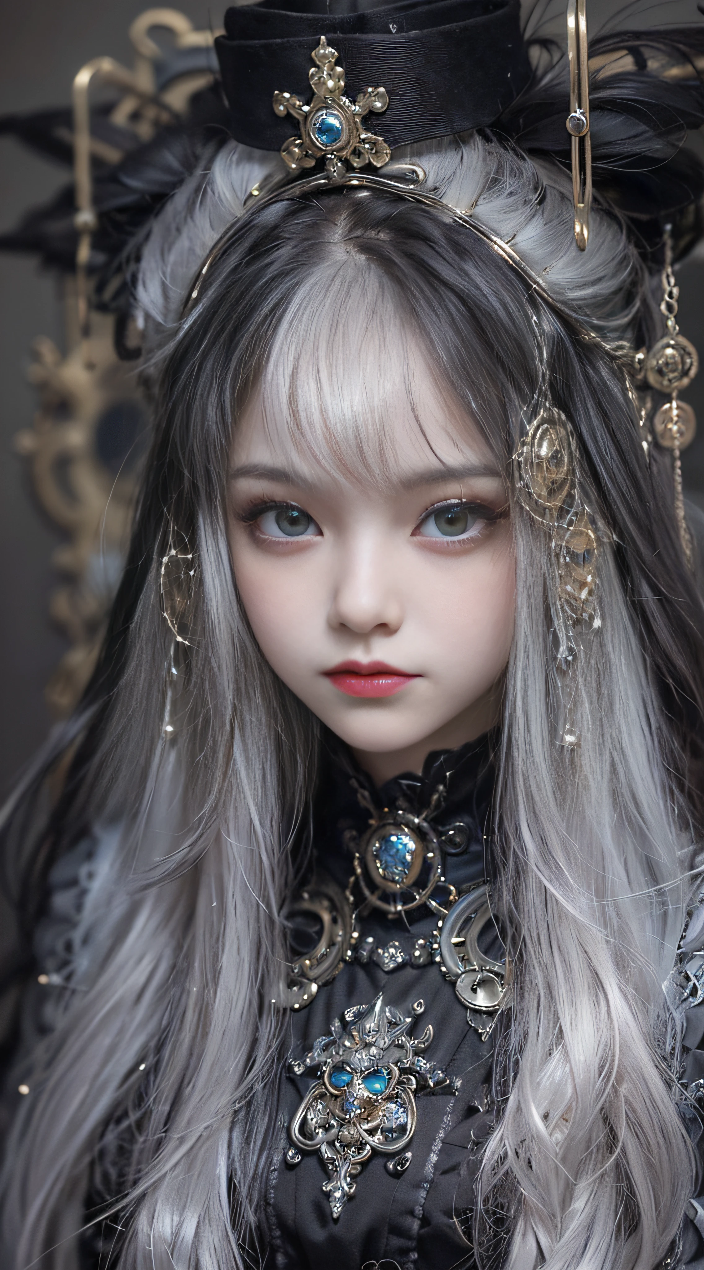 (((Masterpiece, top quality, ultra-detailed))), (((1 Infinity Mage Girl))), , (((very detailed face))), small thin nose, small thin-lipped mouth, (((very sharp focused eyes))), very large slit precision pale grey eyes, sparkling like jewels. Very long eyelashes, long black hair in black vertical curls, with fringes, ((Steampunk fashion, Gothic Lolita fashion))