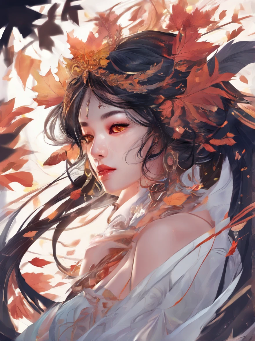 White face and white head,European woman holding autumn leaves,Close-up of the front of the face,closeup of face,Precise structure,The facial features are focused and precise, beautiful fantasy portrait, beautiful fantasy art portrait, Beautiful surreal portrait, fantasy portrait, fantasy art portrait, detailed matte fantasy portrait, portrait of a dark fantasy nymph, Asian goddess, Beautiful digital artwork, gorgeous digital art,Background fantastic black surreal,Beautiful young goddess,Colors are highly saturated and harmonious, Fantasy art Behance,Cinematic light and shadow,high-definition HDR