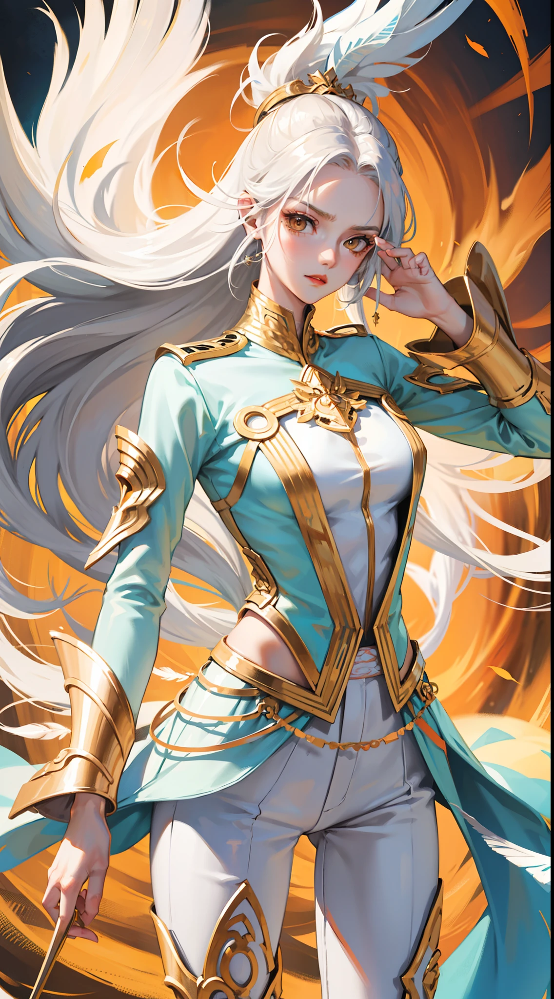 Tall guy, Long silver hair, Orange Eyes, white tight top, Blue Pants, Gold Elements, feathers, one wing, anger, 4k, HD, Good detail