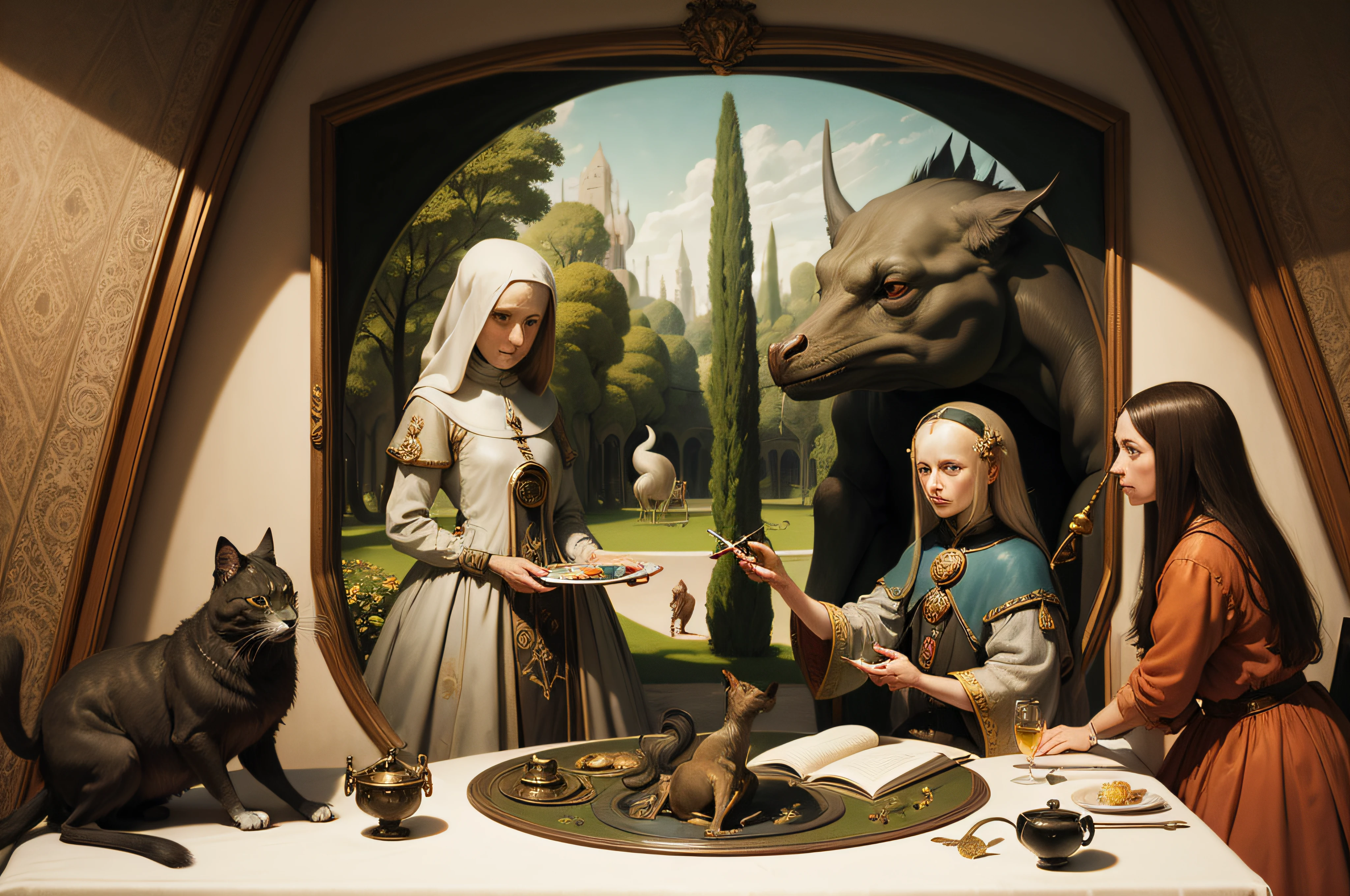 Surrealism people and animals, Fancy , painting, Hieronymus Bosch, Garden of Earthly Delights very sharp