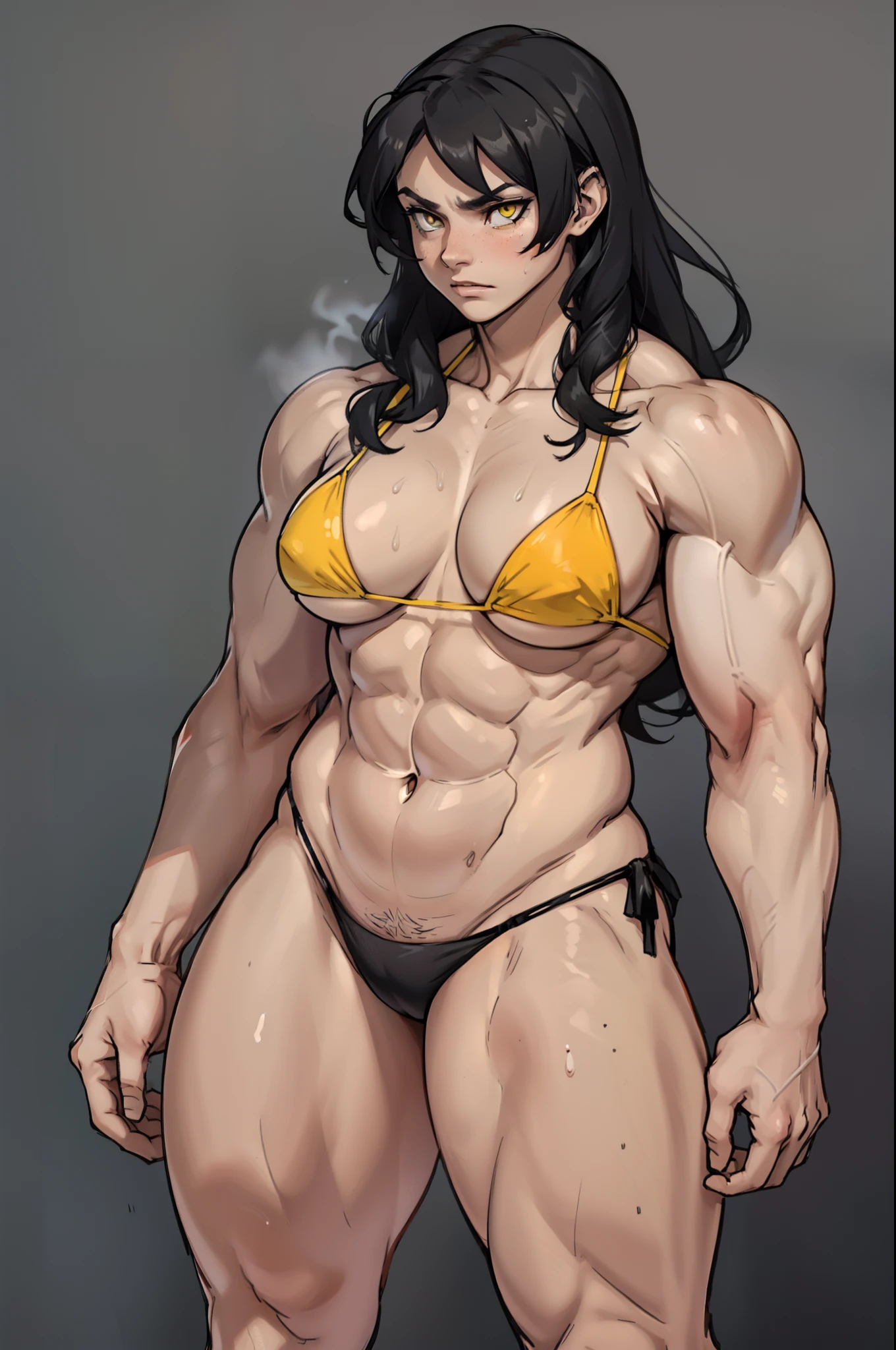 (((((1 girl grey background muscular))))) angry yellow eyes black hair pale skin thick thighs mound micro bikini solo standing sweaty extremely long hair