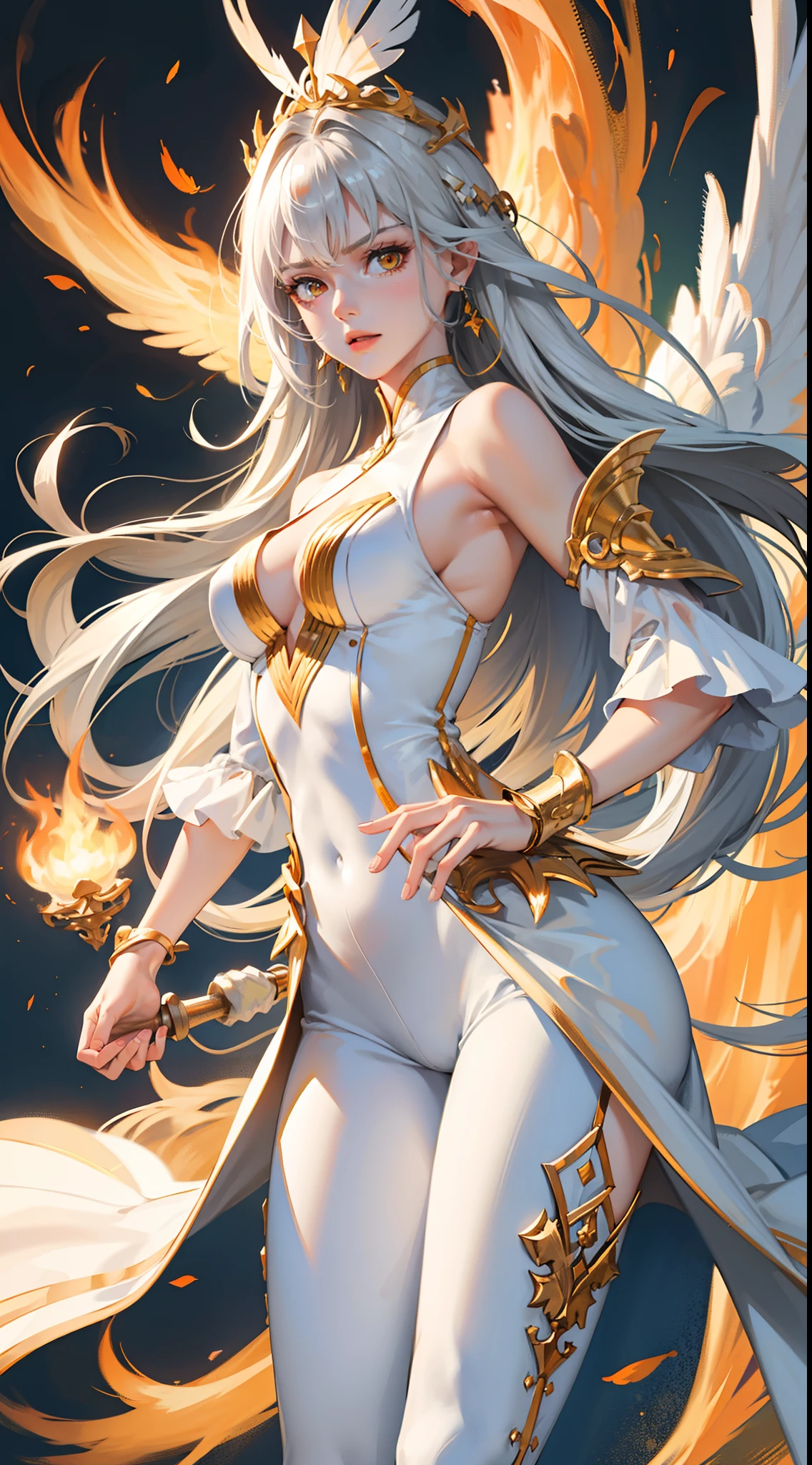 Tall guy, Long silver hair, Orange Eyes, white tight top, Blue Pants, Gold Elements, feathers, one wing, anger, 4k, HD, Good detail
