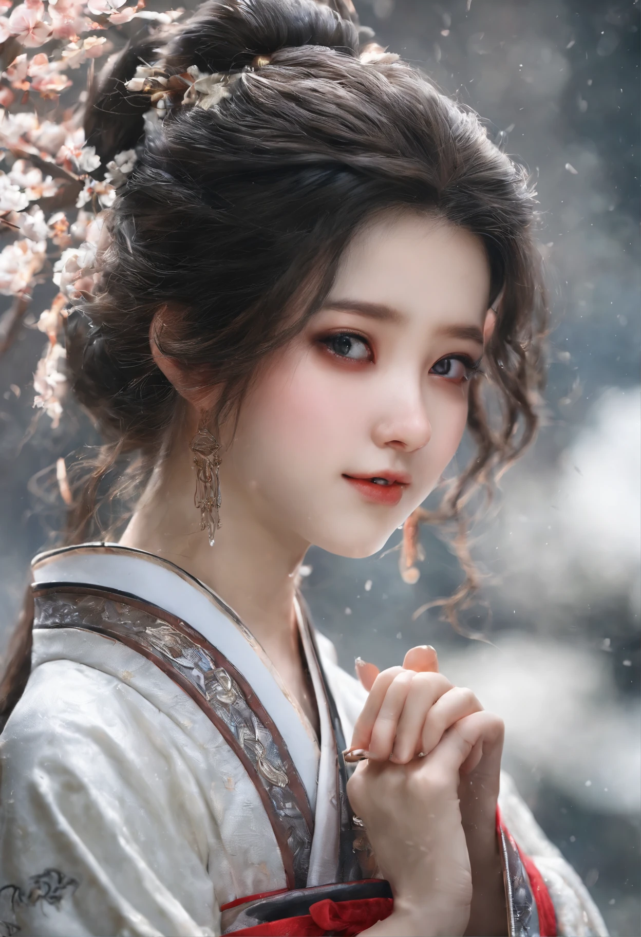 Hanfu,white colors,A woman,kiosk,little bit of raining,chessboard,glomy,stillness,Half of the face,low perspective,up-close