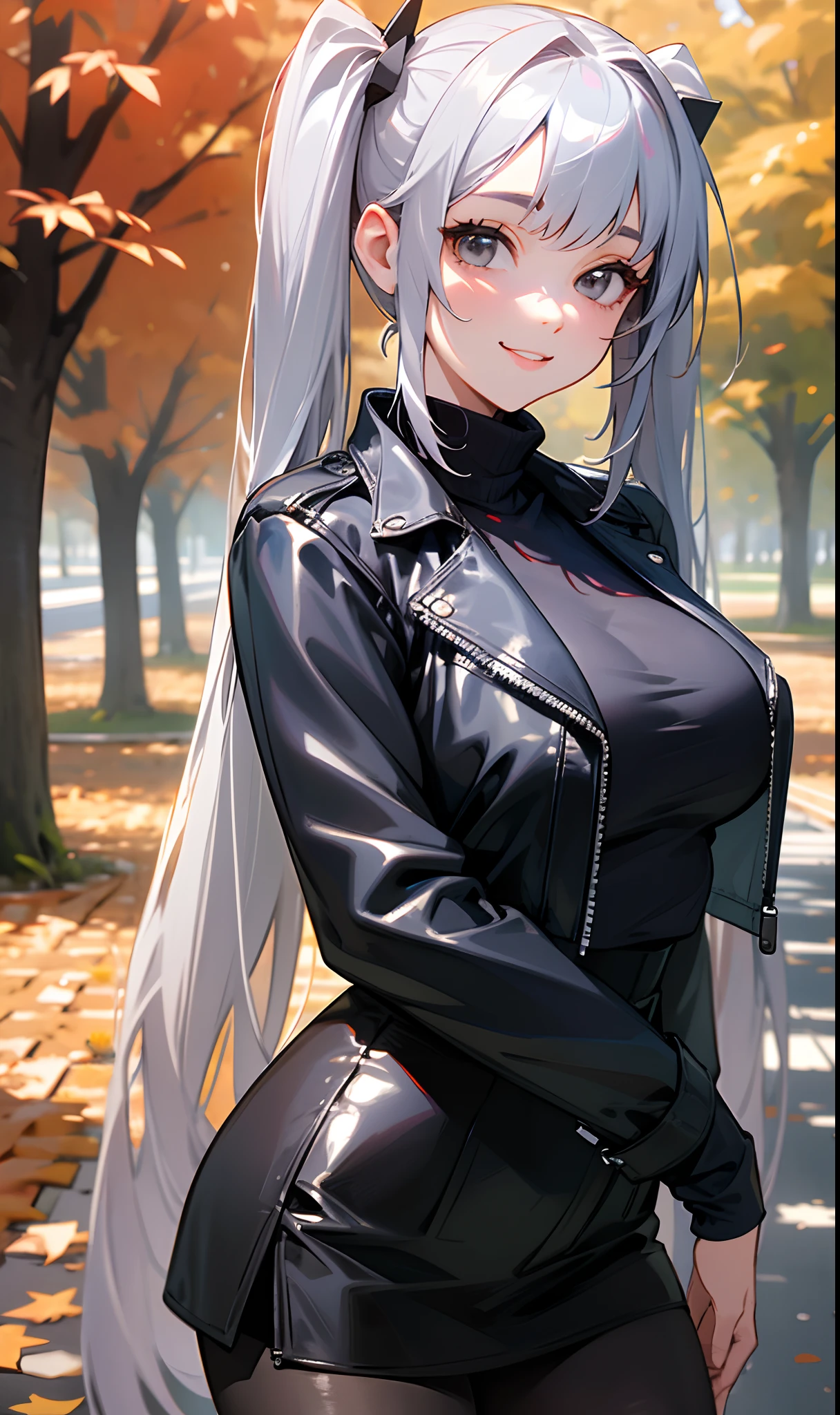 high-quality, 4k, ultra-detailed, realistic, portraits, silver straight long hair, gray eyes, twin tails, huge breasts, black leather jacket, black turtleneck shirt, black miniskirt, black pantyhose, meeting in front of autumn trees on the street, smiling, soft lighting, vibrant colors