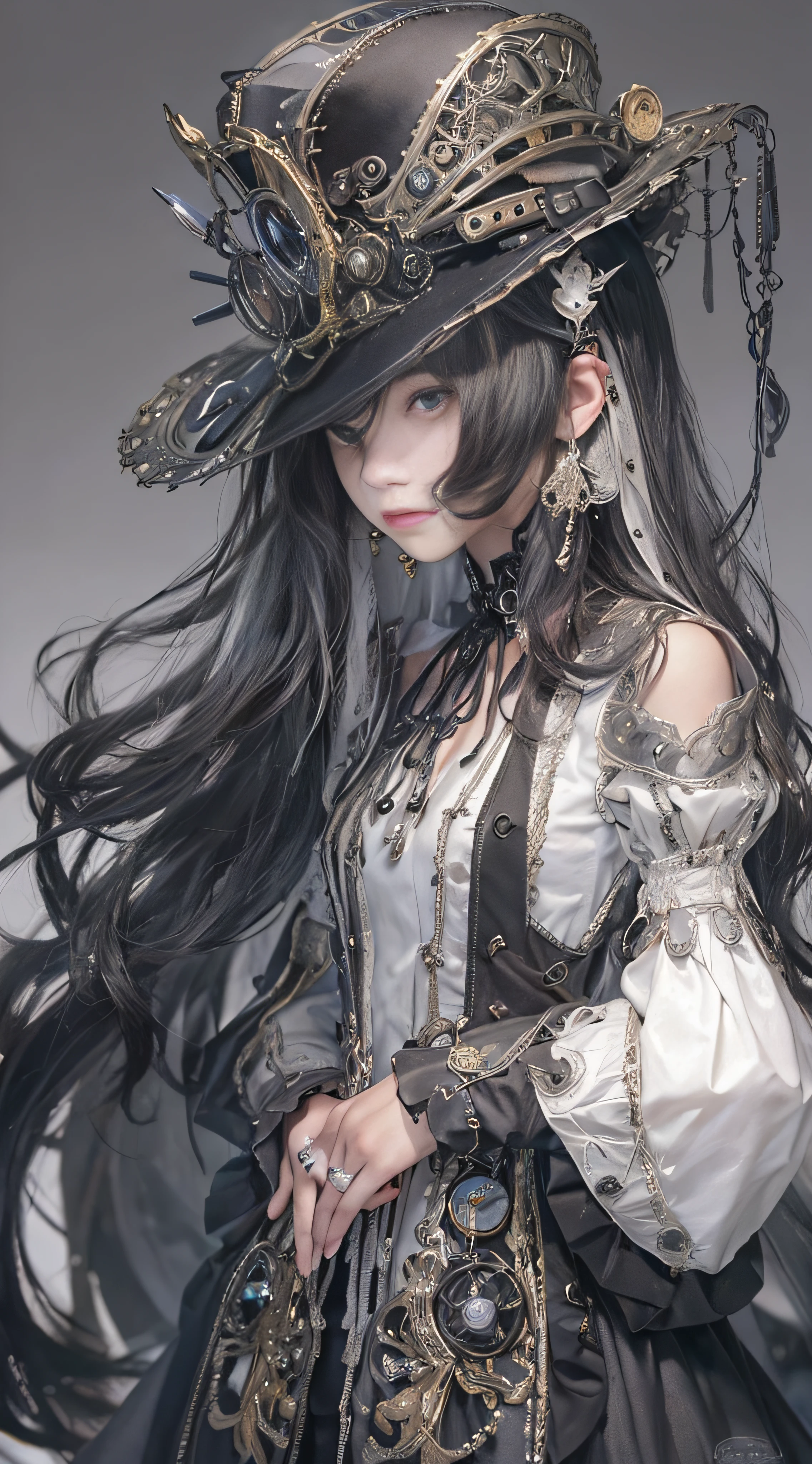 (((Masterpiece, top quality, ultra-detailed))), (((1 Infinity Mage Girl))), 14 years old, (((very detailed face))), small thin nose, small thin-lipped mouth, (((very sharp focused eyes))), very large slit precision pale grey eyes, sparkling like jewels. Very long eyelashes, long black hair in black vertical curls, with fringes, ((Steampunk fashion, Gothic Lolita fashion))