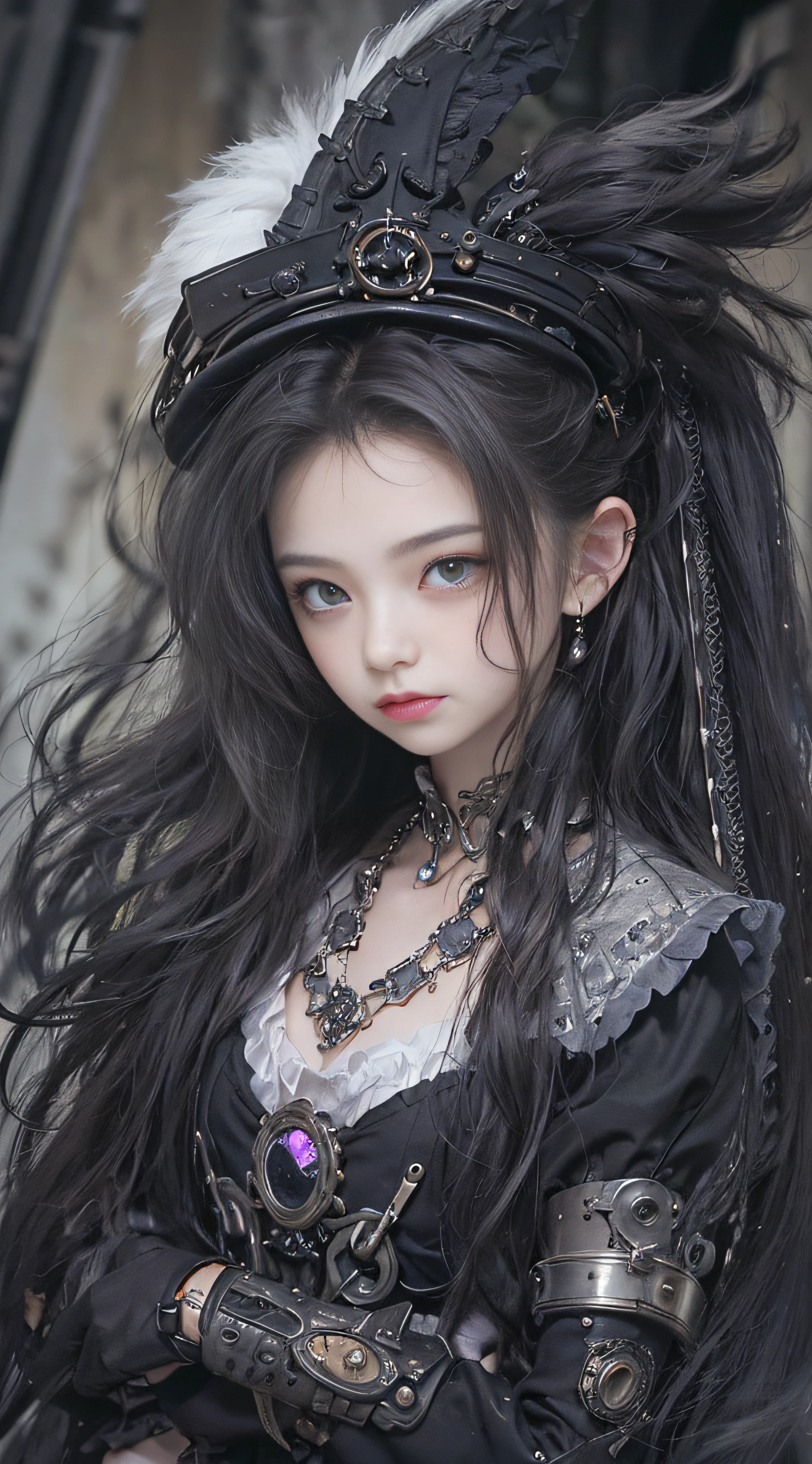 (((Masterpiece, top quality, ultra-detailed))), (((1 Infinity Mage Girl))), 14 years old, (((very detailed face))), small thin nose, small thin-lipped mouth, (((very sharp focused eyes))), very large slit precision pale grey eyes, sparkling like jewels. Very long eyelashes, long black hair in black vertical curls, with fringes, ((Steampunk fashion, Gothic Lolita fashion))