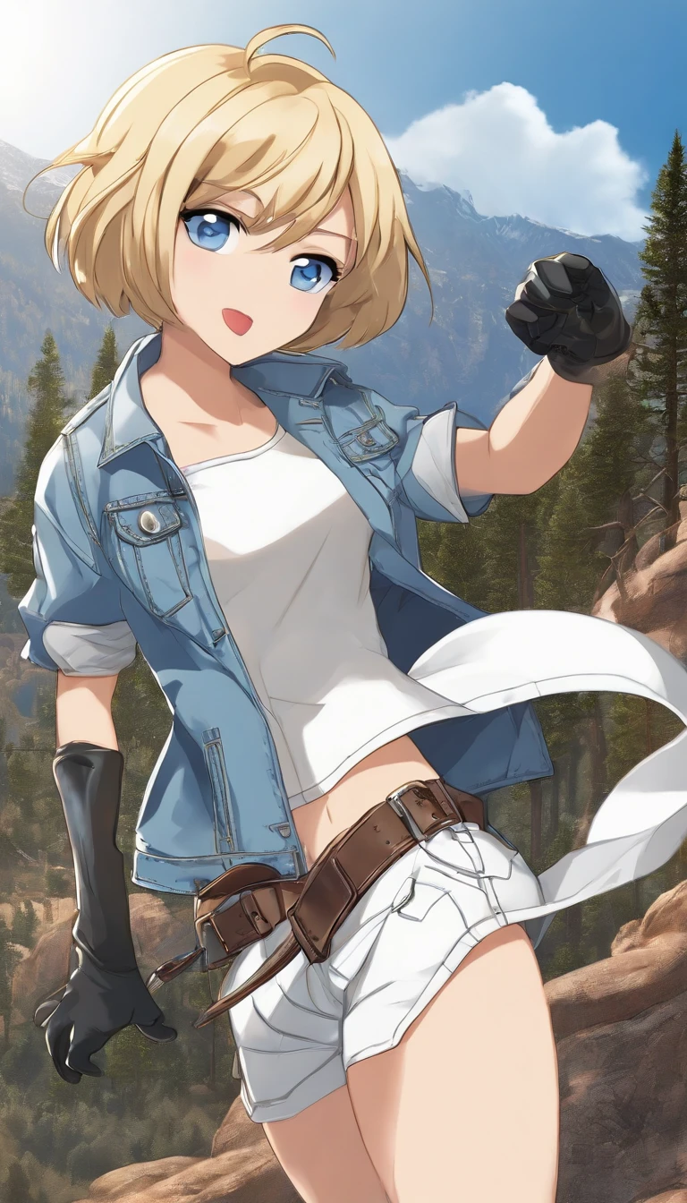 (((1 girl,  cute, denim jacket, white top, jeans, Gloves, blond, short hair, bob hair,  side parted hair, blue eyes))), (((blond hair))), 
dynamic poses, manga style, depicting a group of characters in various action scenes, from intense battles to lighthearted moments, with dramatic speed lines and bold sound effects, capturing the excitement and energy of the story, Laser rays from the palm of hand, Attack forward with palm, yellowstone park, Grand Canyon,