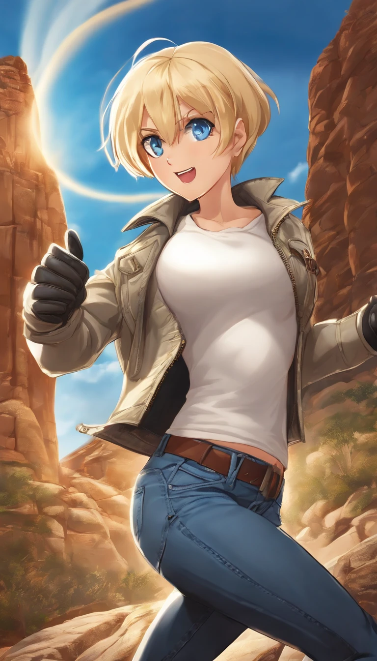 (((1 girl, cute, denim jacket, white top, jeans, Gloves, blond, short hair, bob hair, side parted hair, blue eyes))), (((blond hair))),
dynamic poses, manga style, depicting a group of characters in various action scenes, from intense battles to lighthearted moments, with dramatic speed lines and bold sound effects, capturing the excitement and energy of the story, Laser rays from the palm of hand, Attack forward with palm, yellowstone park, Grand Canyon,