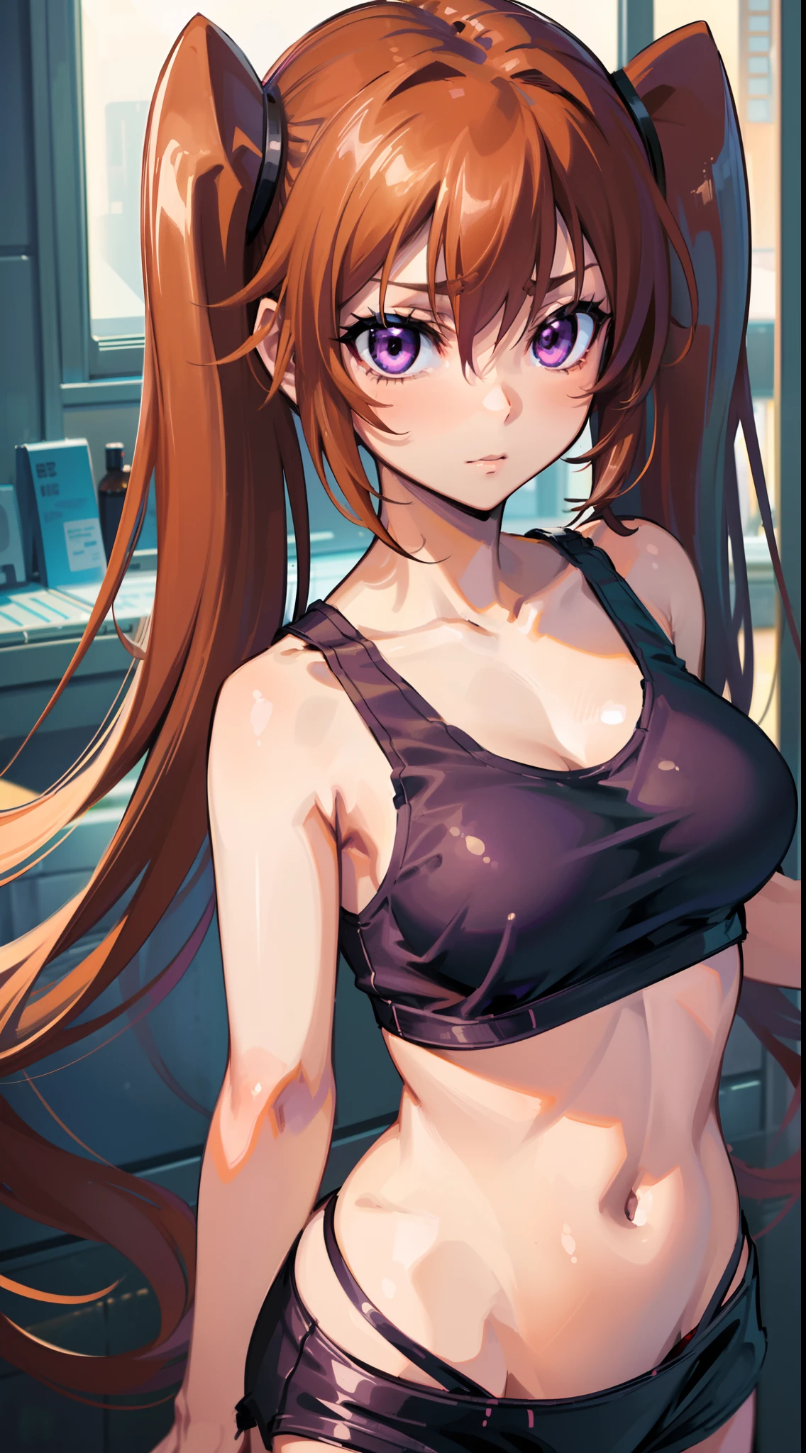 (best quality, master-piece:1.2), long brown hair, purple eyes, (ultra-detailed eyes), twintails, beautiful, Shidou Irina, medium breasts, standing, (((upper body))), (indoors), bdsm, dominant, evil, (((tank top))), ((close-up)), perfect anatomy, (sleeveless), (healthy skin), cinematic lighting, detailed face.