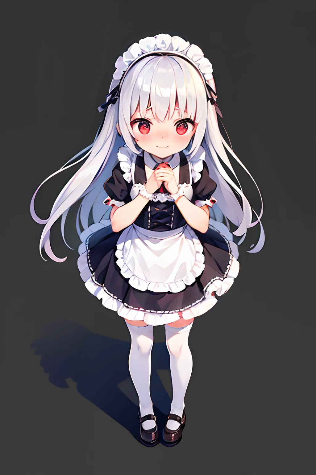 8K picture quality，silber hair,Red-eyed girl,cute little ,Long hair,Heartwarming,a miniskirt,Lolita,A smile,Thumbnail styles，maid clothes，fluffly，Looking down from above,full body Esbian,Embarrassed expression