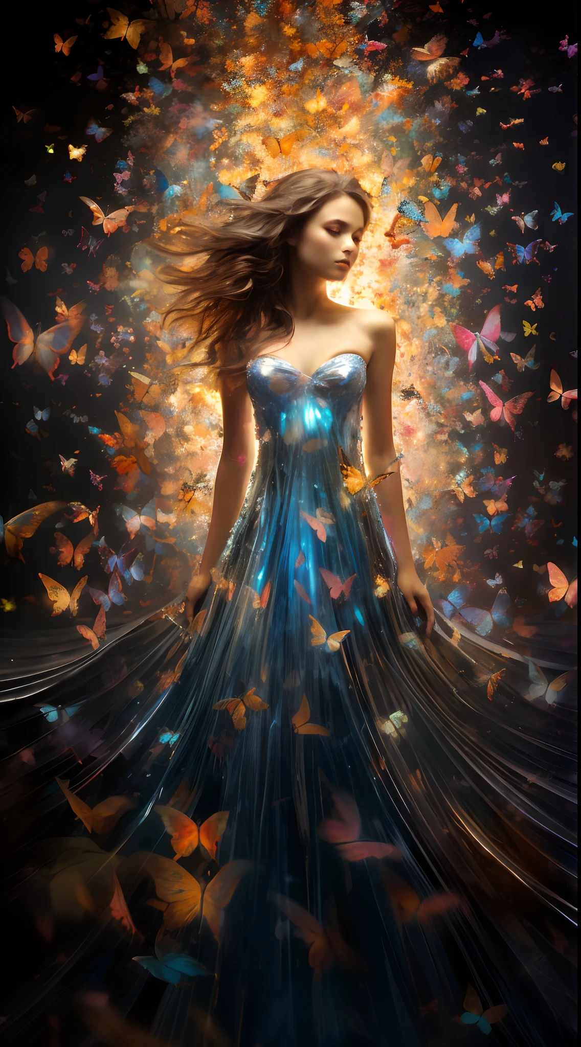 arafed image of a woman in a dress surrounded by butterflies, beautiful gorgeous digital art, lady with glowing flowers dress, beautiful digital artwork, light effect. modern fantasy, magical dress, beautiful art uhd 4 k, beautiful fantasy portrait, beautiful digital art, by Galen Dara, surreal beautiful young woman, beautiful fantasy art, gorgeous digital art, beautiful fantasy art portrait