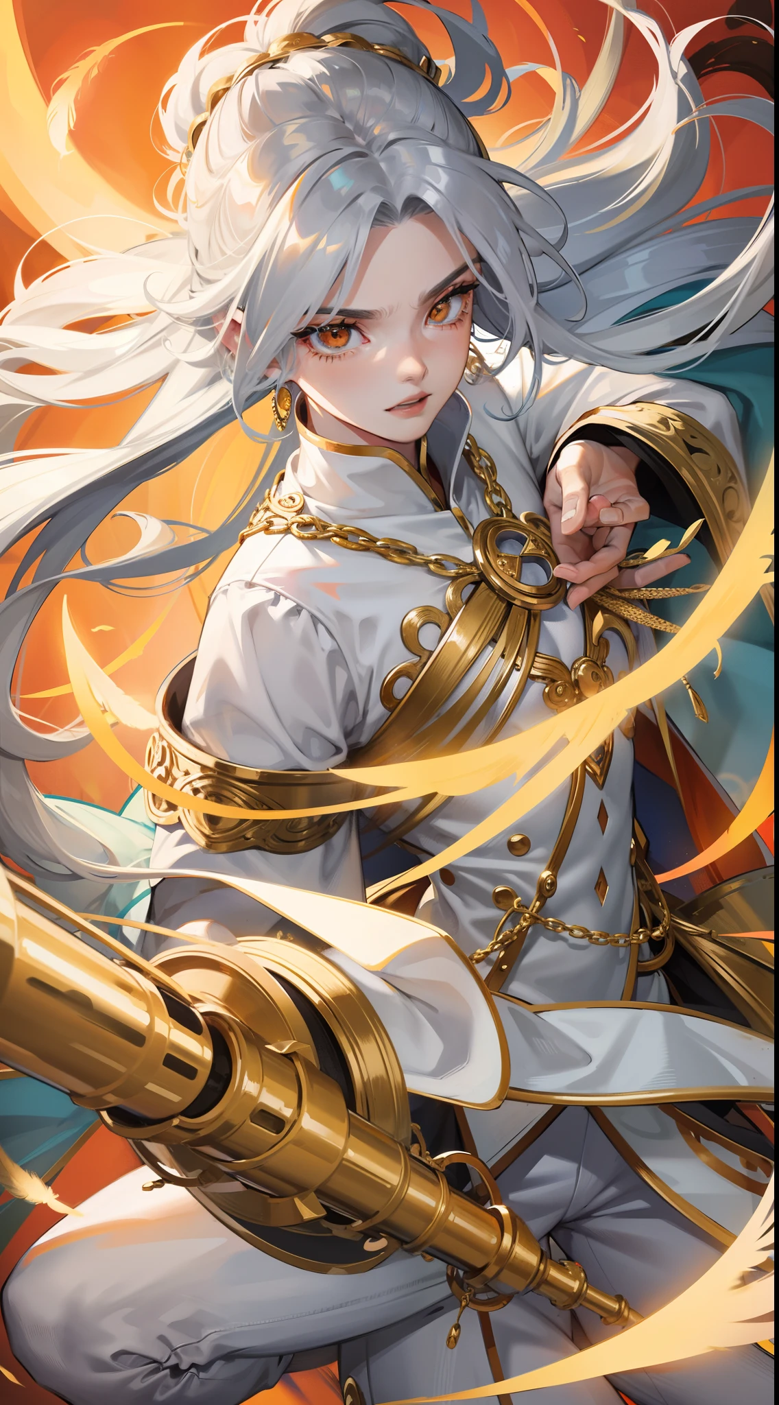Tall guy, Long silver hair, Orange Eyes, white tight top, Blue Pants, Gold Elements, feathers, one wing, anger, 4k, HD, Good detail