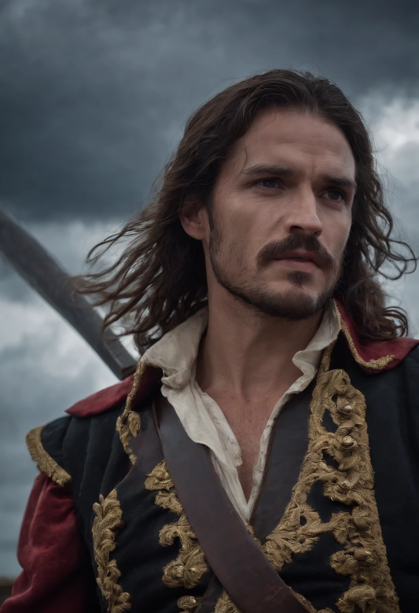 Captain Iron Hook，Stand at the bow of the pirate ship，Wielding a giant sword，Painful expression，In the square，dark stormy clouds