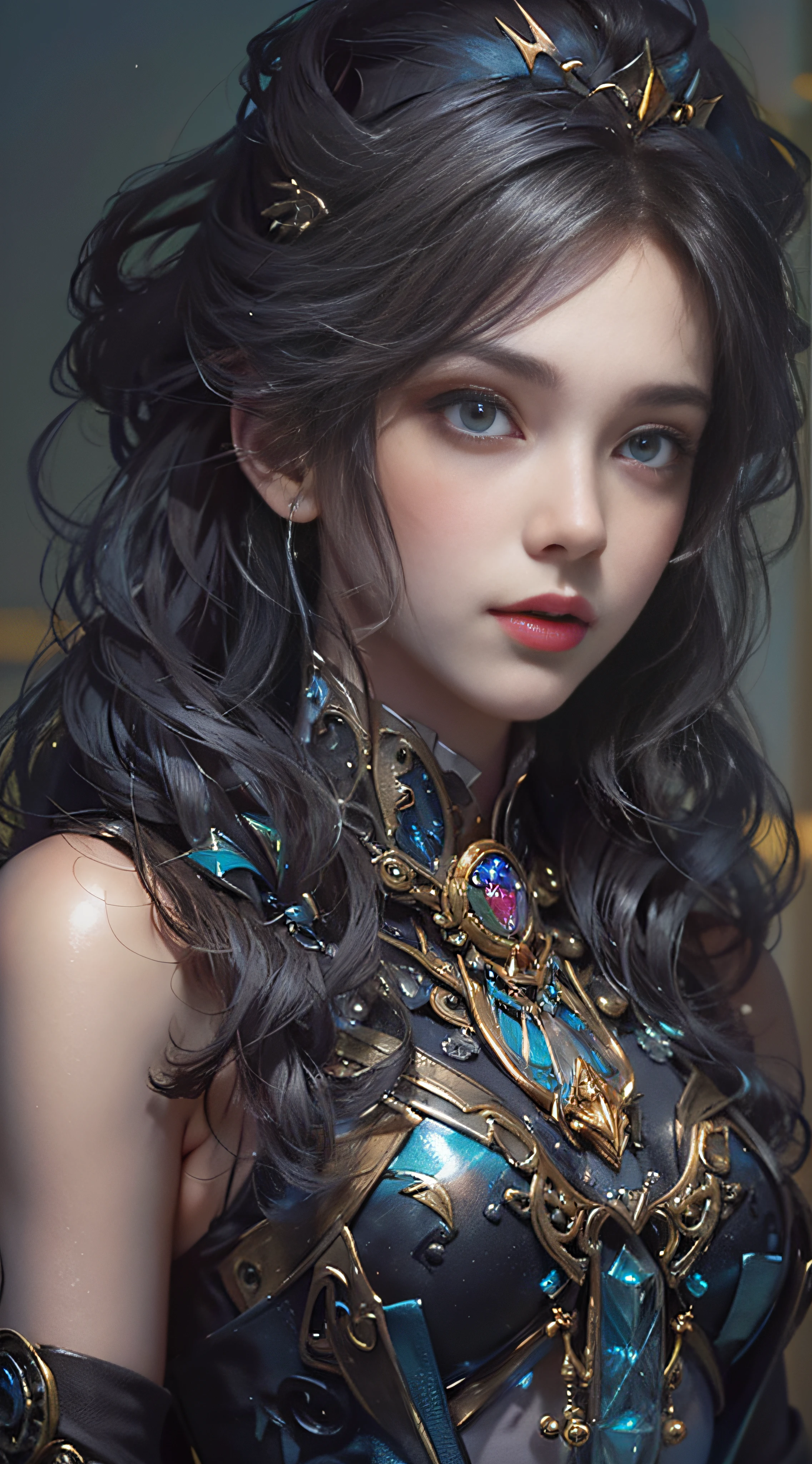 (((Masterpiece, top quality, super detailed))), (((One endless mage girl, 14 years old, radiating magic))), (((complex mechanical headgear, complex mechanical steampunk fashion and overdecorated gothic fashion and neon glitter cyberpunk fashion fusion of))), bust-up photos, ((((very detailed face))), (((very sharp focused eyes))), very large slit dark gray eyes that shine like jewels. Very long eyelashes, long dark hair in vertical curls, thick bangs, perfect princess cut, very gorgeous tiara, (((perfectly accurate human ???????))), long neck, narrow shoulders, long slender arms, small breasts, very narrow waist, very small buttocks, long slender legs, (((overall accuracy has been dramatically improved, creating super detailed, realistic and realistic images)))), (((magic, magic spell light, magic weapon))), dynamic poses, cinematic lighting,