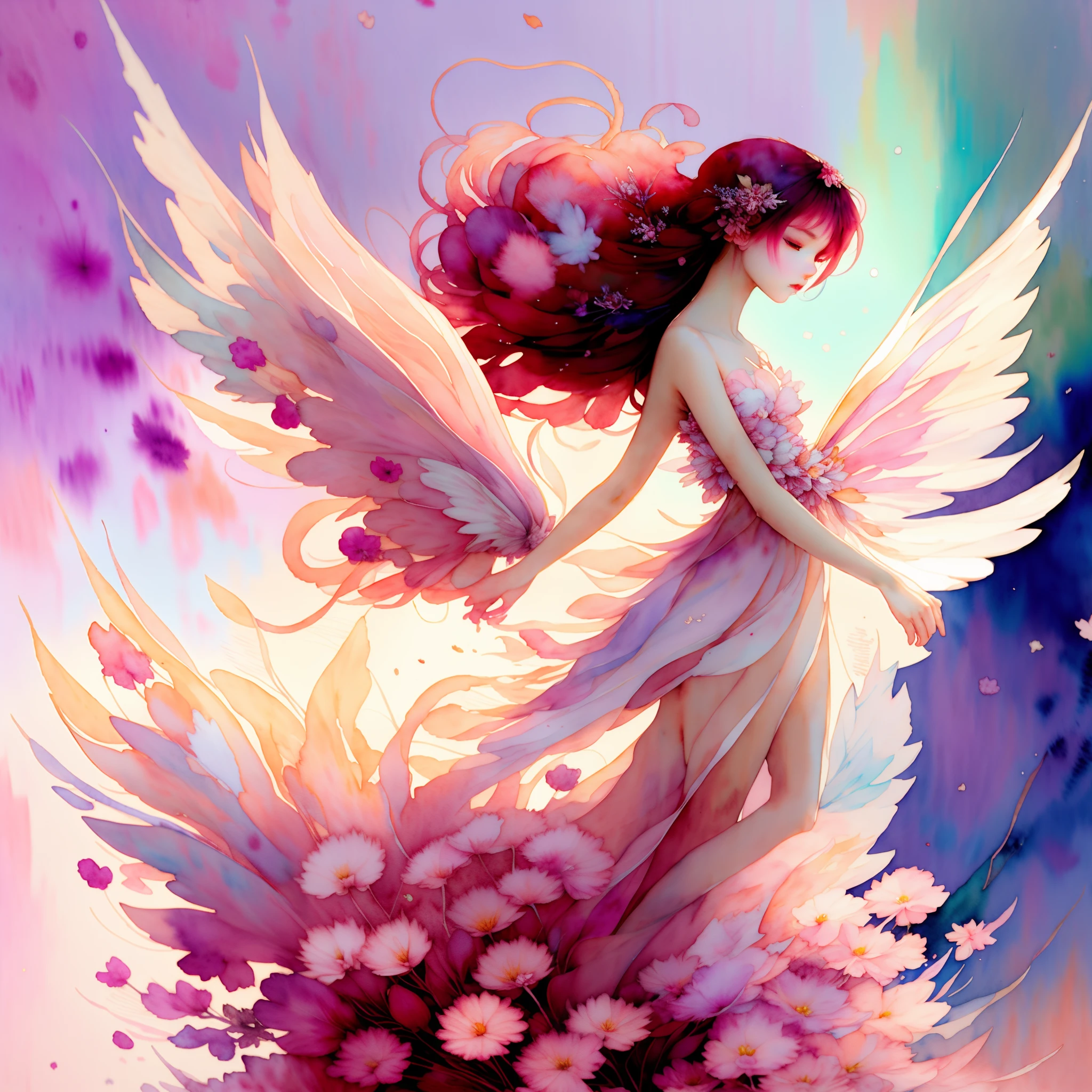 wtrcolor style,  digital art, official art, blown by the wind, masterpiece, beautiful, ((watercolor)), paint splatter, intricate detail. Great detail, [dripping:0.7], Idea: Delicate ethereal creatures like fairies and unicorns in pastel shades dancing among blooming cherry blossoms.
Background: Soft, gradient pastel hues transitioning from pink to lavender.---- tile-----500
