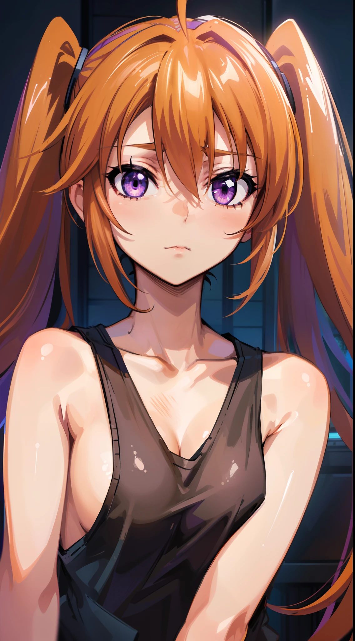 (best quality, master-piece:1.2), long brown hair, purple eyes, (ultra-detailed eyes), twintails, beautiful, Shidou Irina, medium breasts, standing, (((upper body))), (indoors), (((tank top))), ((close-up)), perfect anatomy, (sleeveless), (healthy skin), cinematic lighting, detailed face.