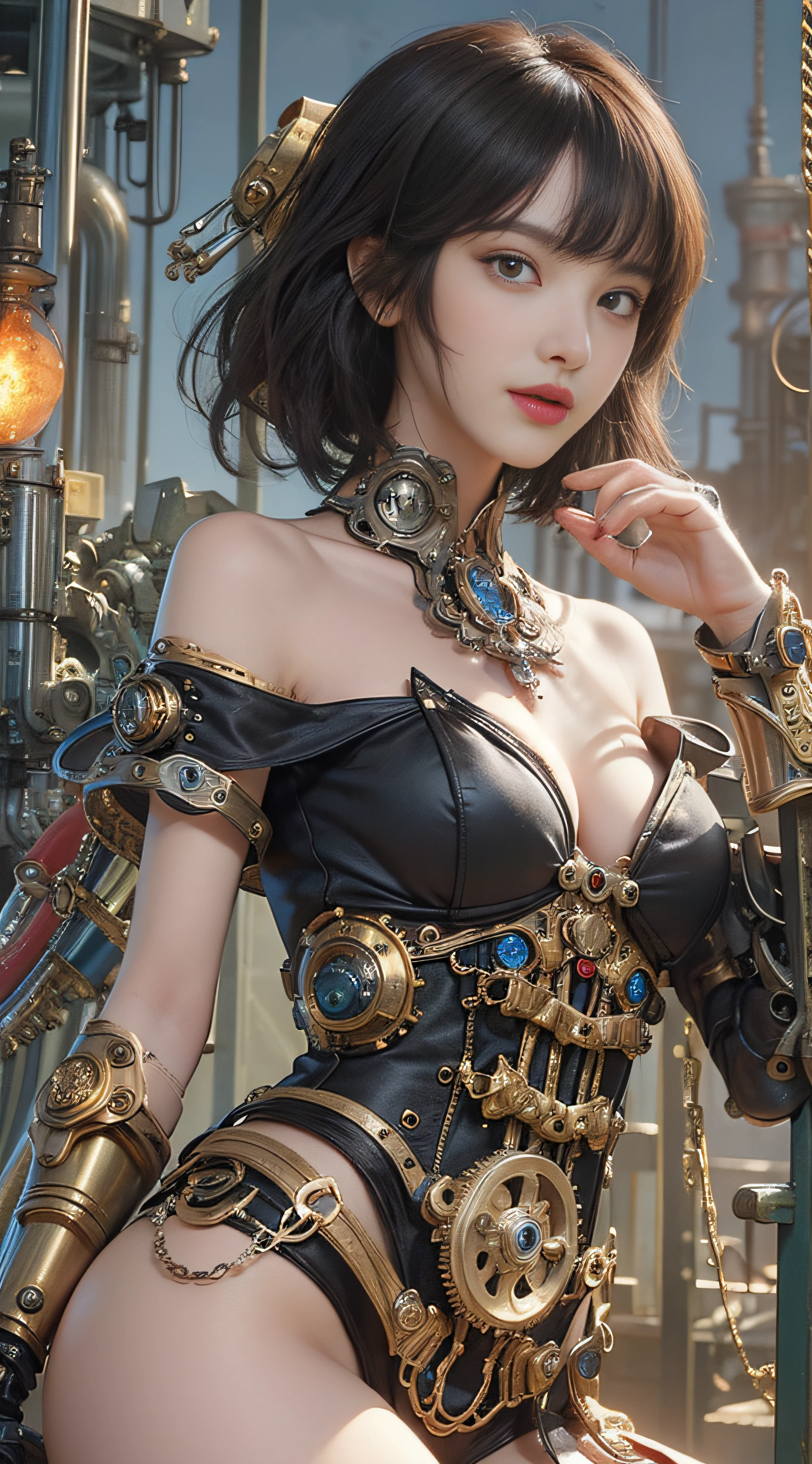 (((Masterpiece))), (((top quality))), (((super detailed))), Combat action poses, One female, (((Very Slender body))), 18 years old, (((short black bob, thick puffy bangs))), cosmetics-free, small thin nose, small thin-lipped mouth, (((very sharp focused eyes))), large slit precision pale grey eyes, sparkling like jewels, Long eyelashes, ((Very intricate mechanical steampunk fashion, Off-shoulder gothic fashion, Excessively decorative fashion)), (((The night an abandoned, intricately mechanized steampunk factory burns and explodes))), (((overall accuracy has improved dramatically, creating a super detailed and realistic image))).