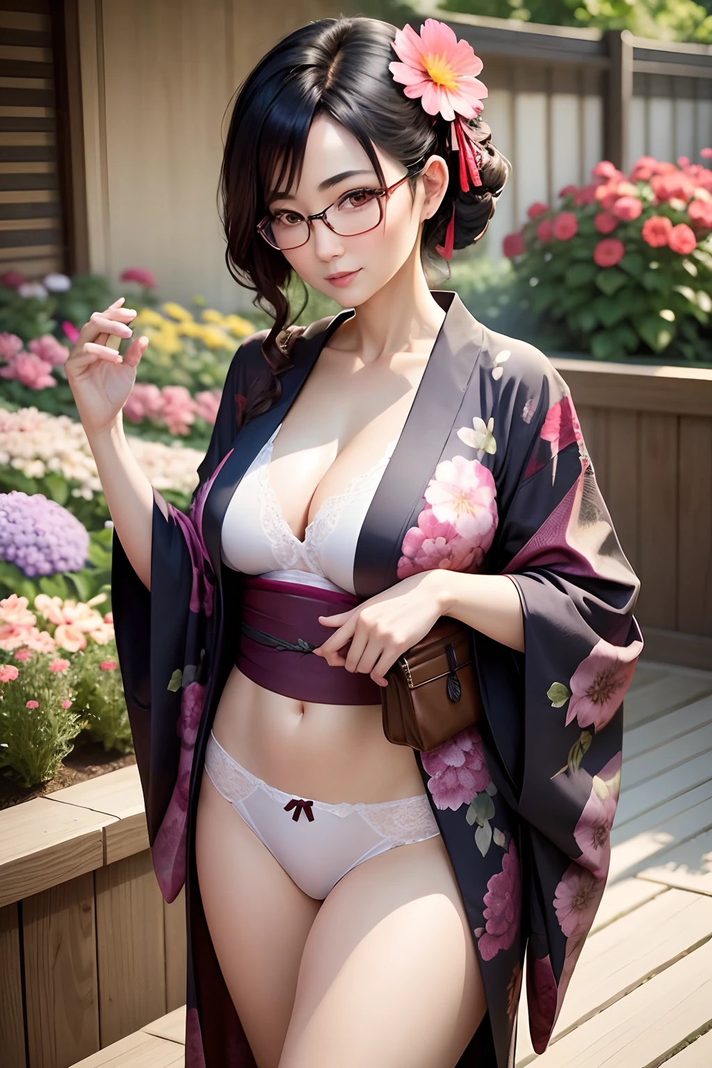 Kimono appearance,A MILF,age 40s,flower garden,Show underwear,A dark-haired,eye glass,