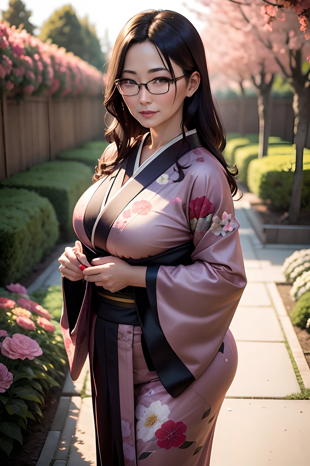 Kimono appearance,A MILF,age 40s,flower garden,Show underwear,A dark-haired,eye glass,