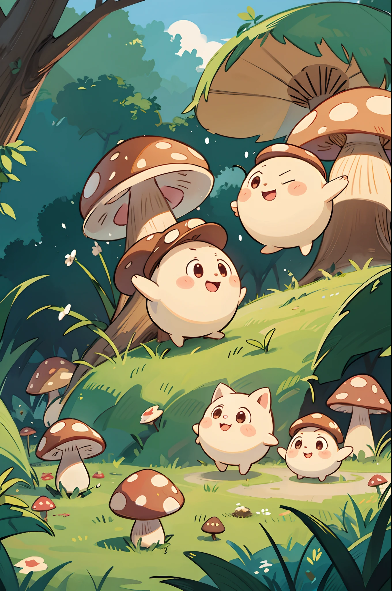 digitalart、Personification of the mushroom spirit、Yuru Chara Style、The hat is characteristic、Laugh、Wearing a bell