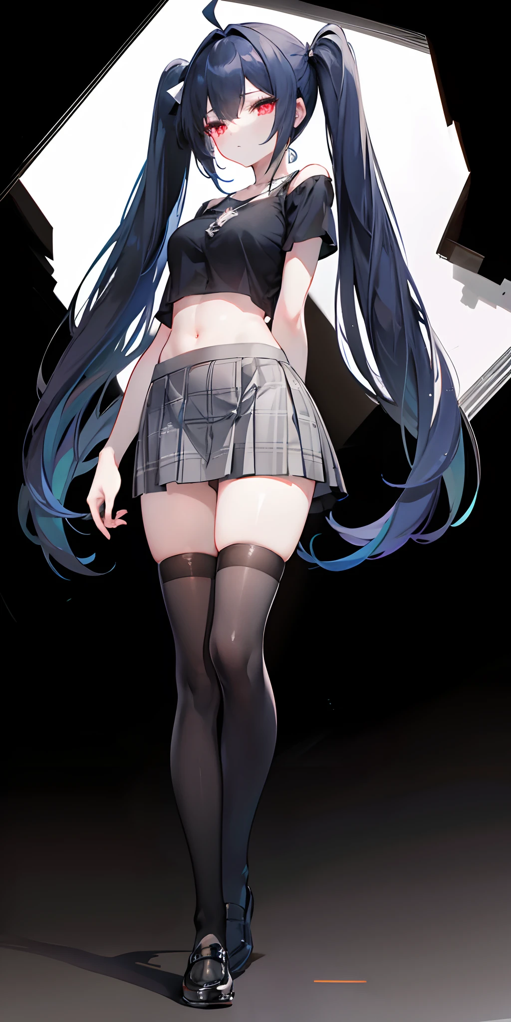 girl ,beautiful face, long hair,medium breasts, black background, masterpiece, best quality, standing, ahoge, dark blue hair, mature female, twintails, off-shoulder shirt, black shirt, short sleeves, bra strap, {{{crop top}}}, expressionless, {{plaid skirt}}, {{{grey skirt}}}, frilled skirt, thighhighs, star necklace, arms behind back, red eyes, glowing eyes, detailed eyes, full body, loafers, navel, bare shoulders,
