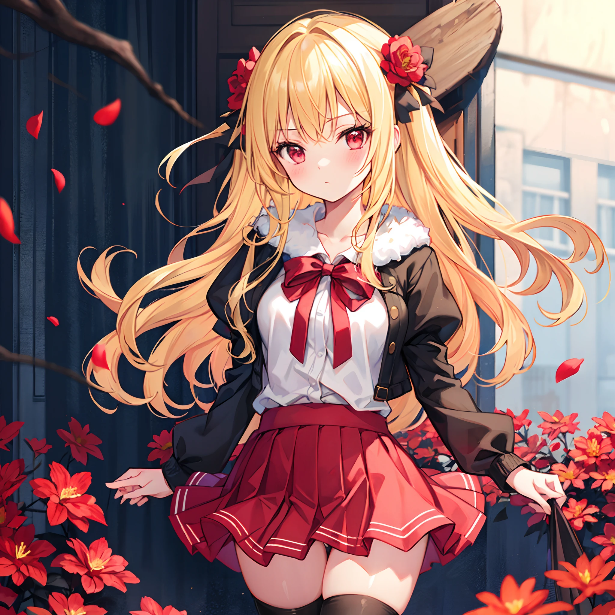 Wavy blonde、bow ribbon、red eyes、Beautiful girl alone、red blush、Fluffy clothes、a miniskirt、Black tights、flower field、