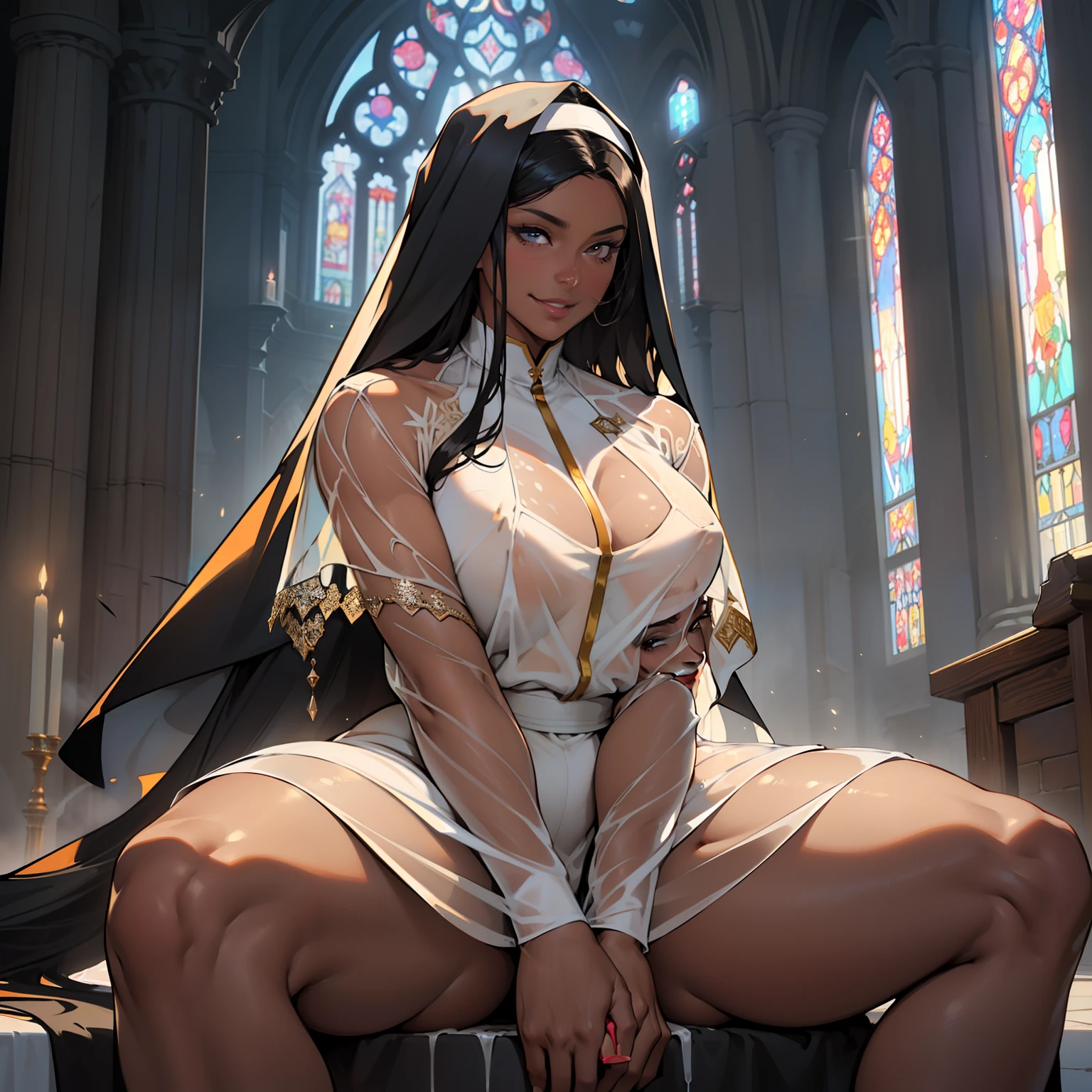(high resolution, The pixels are perfect, luxurious illustration), (hyper qualit, Masterpiece, Ethereal: 1.4), (((see-through Tabad:1.4))),nun,(((Completely naked ))),sitting,(((Hands between legs))),(Dripping milk),in church),((Naked Carmelto)),Mature female,Black areola,female pubic hair,(((The breasts seem to overflow from Tabad))),wetted skin, (((A MILF: 1.4))), (Curvy:1.35),((((Dark skin)))),Long hair,Curvy physique, Thick body,((Sexual suggestiveness)),Seductive smile,high-heels