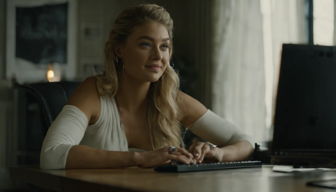 focused portrait of Gigi Hadid sitting at a desk with a computer and a keyboard, looking at camera, , tattooed , as a youtuber, looking at viewer ,smiling, modern portrait shot 8k, lens light, portrait of Gigi Hadid, Gigi Hadid cute, cinematic lens, wearing white Knitted Sleeveless Tank Tops, photorealistic fujifilm , detailed face , detailed eyes , focus on eyes .