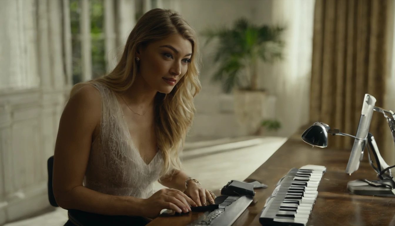 focused portrait of Gigi Hadid sitting at a desk with a computer and a keyboard, looking at camera, , tattooed , as a youtuber, looking at viewer ,smiling, modern portrait shot 8k, lens light, portrait of Gigi Hadid, Gigi Hadid cute, cinematic lens, wearing white Knitted Sleeveless Tank Tops, photorealistic fujifilm , detailed face , detailed eyes , focus on eyes .