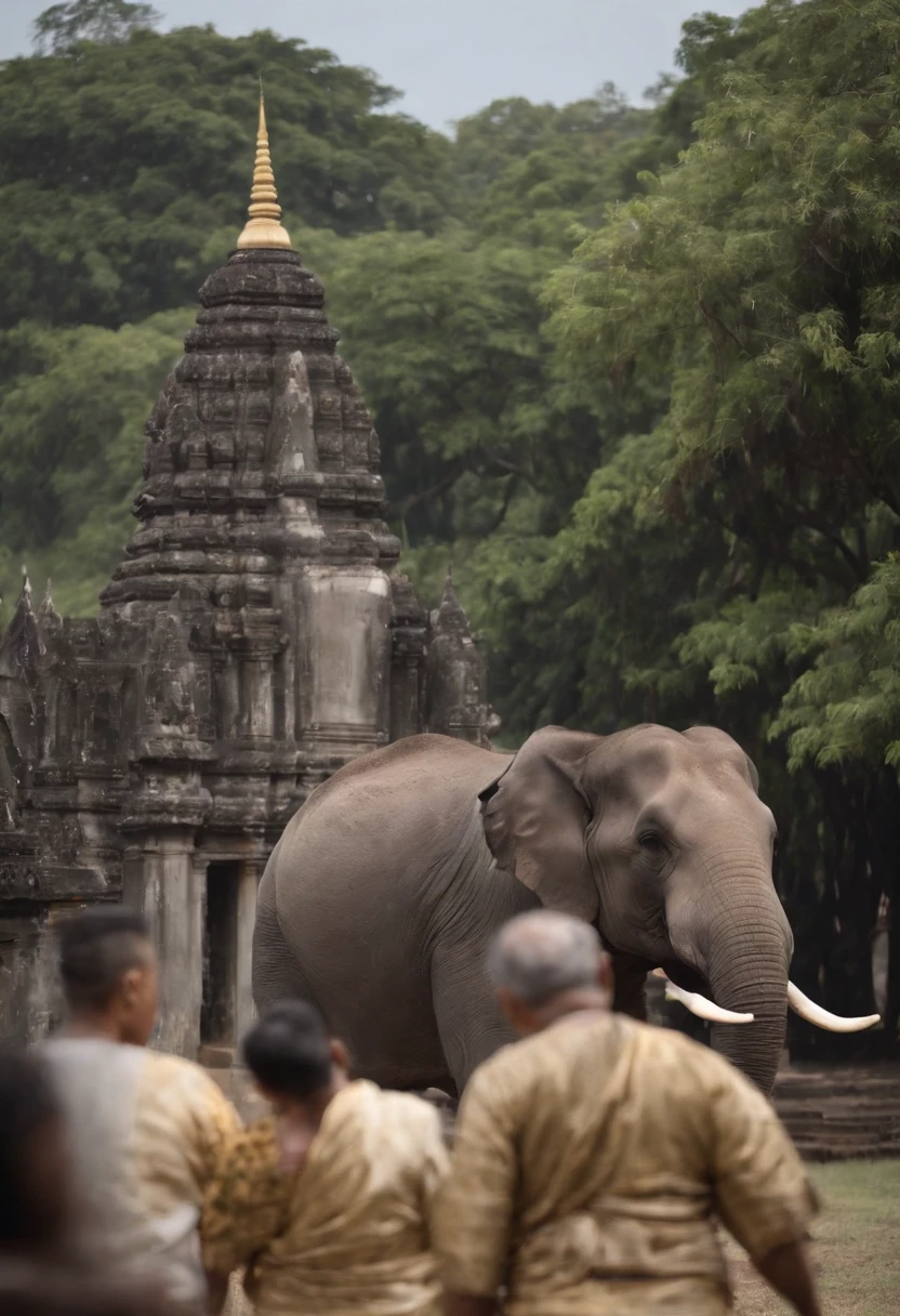 King of Thailand，Stand in front of a Thai-style temple，Next to him stood an elephant，The expression is serious，Under the Bodhi tree，dark stormy clouds