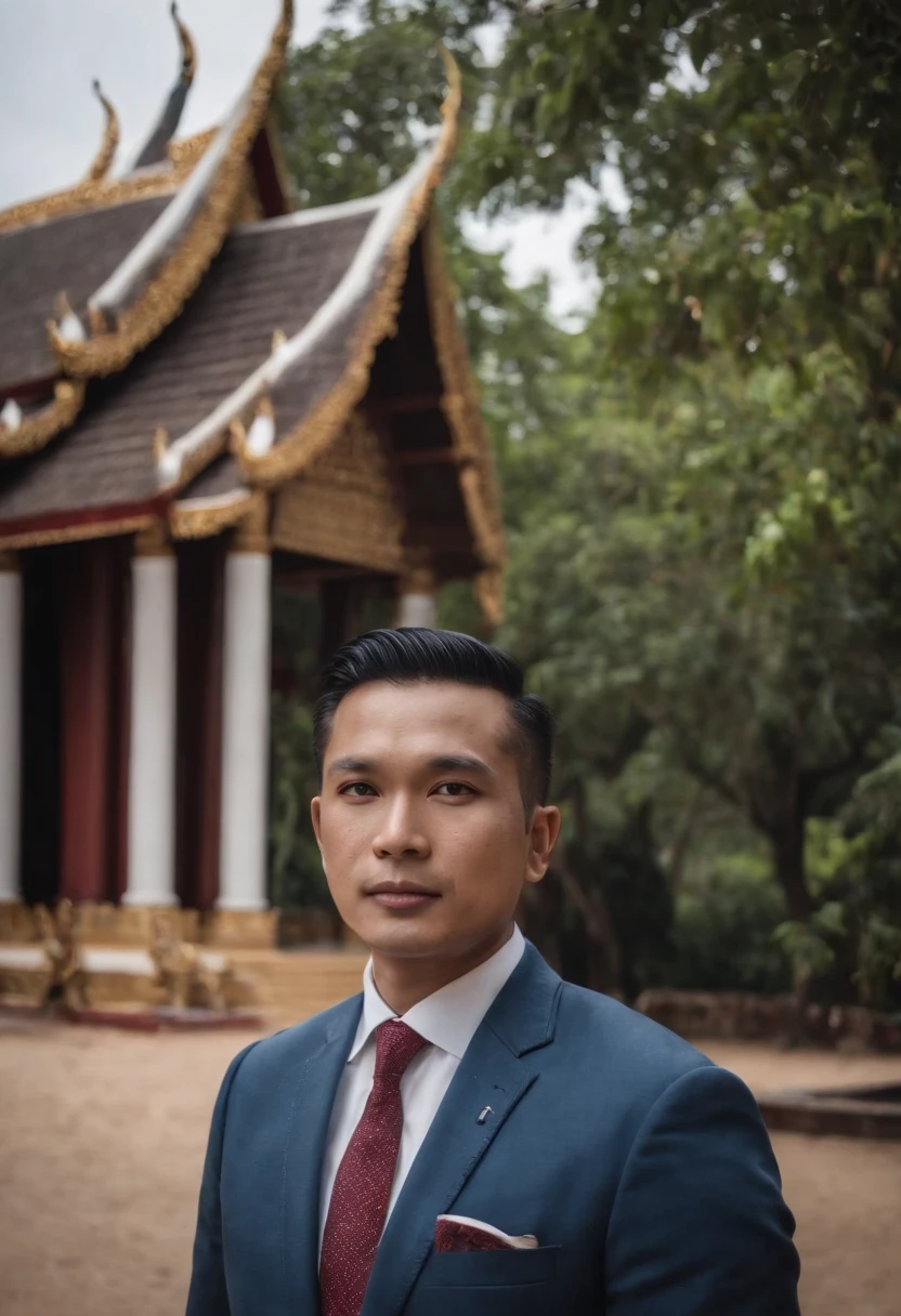 King of Thailand,Stand in front of a Thai-style temple,Next to him stood an elephant,The expression is serious,Under the Bodhi tree,dark stormy clouds