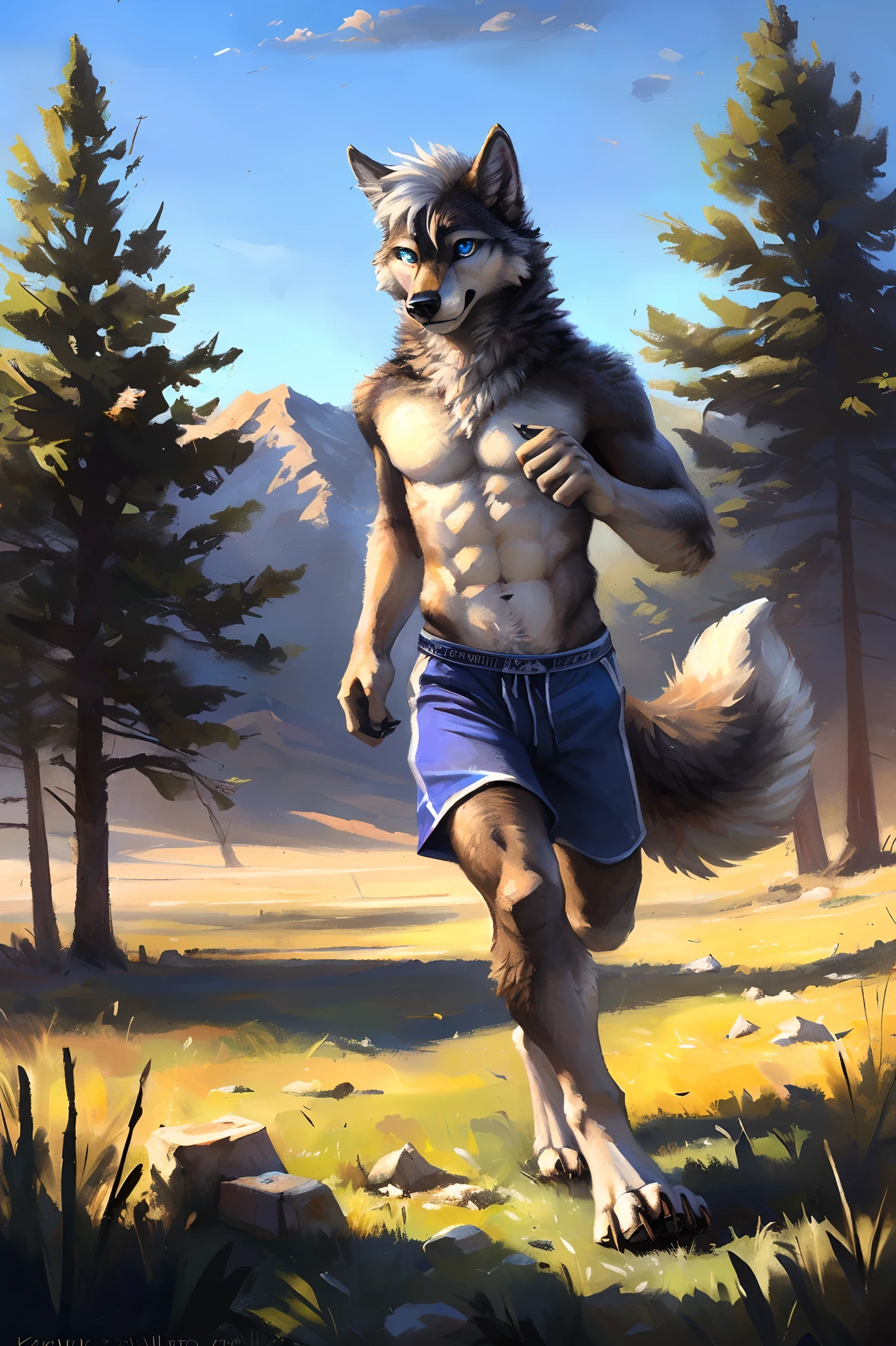 ((Solo)), male people, anthro wolf, (Multi-colored fur, White-brown:1.3，White tail pointed), ((Wolf face, White hair, Big eyes, White eyelids, Blue pupil, Slim:1.2) (Tough, Calm expression:1.2)), Abs, Slim, pinging)), (Correct anatomy), (Work shorts:1.1), (Contour bone:1.2), The upper body is naked, (detailed outfits),A big tail，Feet，(Realistic fur, Detailed fur texture, labeled:1.3)), (Natural lighting), Photorealistic, Hyperrealistic, ultradetailed, by Kenket，Endless grasslands，No artificiality，erect through，Running on