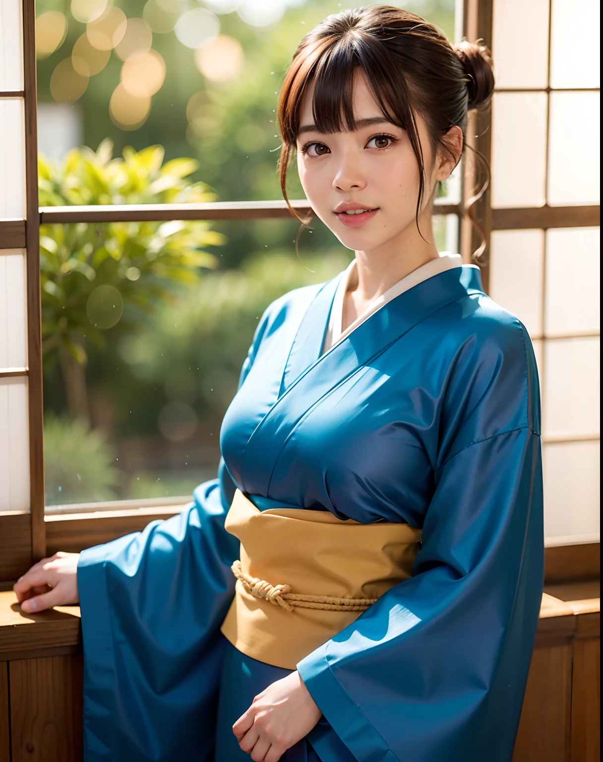 Best Quality, 超A high resolution, (Photorealistic:1.4), Raw photo, (upper waist:1.4), (Bokeh:1.7),(Window light only:1.6), (in bright japanese-style room:1.5),(Bright:1.5)
1日本人の女の子, (Solo), (Smile:1.2,Open mouth:0.7), (dark brown eyes), Natural Skin, (brown updo hair,Bangs),Standing
(blue silk kimono),(Obi)