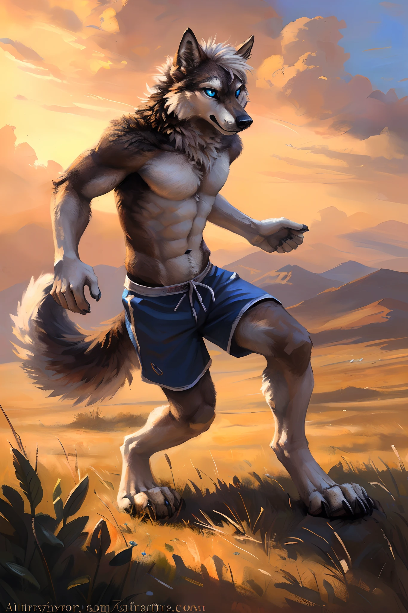 ((Solo)), male people, anthro wolf, (Multi-colored fur, White-brown:1.3,White tail pointed), (Height 2.1m,Tail length 1.2m), ((Wolf face, Big eyes, White eyelids, Blue pupil, Slim:1.2) (Tough, Calm expression:1.2)), Abs, Slim, pinging)), (Correct anatomy), (Work shorts:1.1), The upper body naked, (detailed outfits),A long big tail,Feet,(Realistic fur, Detailed fur texture, labeled:1.3)), (Natural lighting), Photorealistic, Hyperrealistic, ultradetailed, by Kenket,Field,erect through,Running on