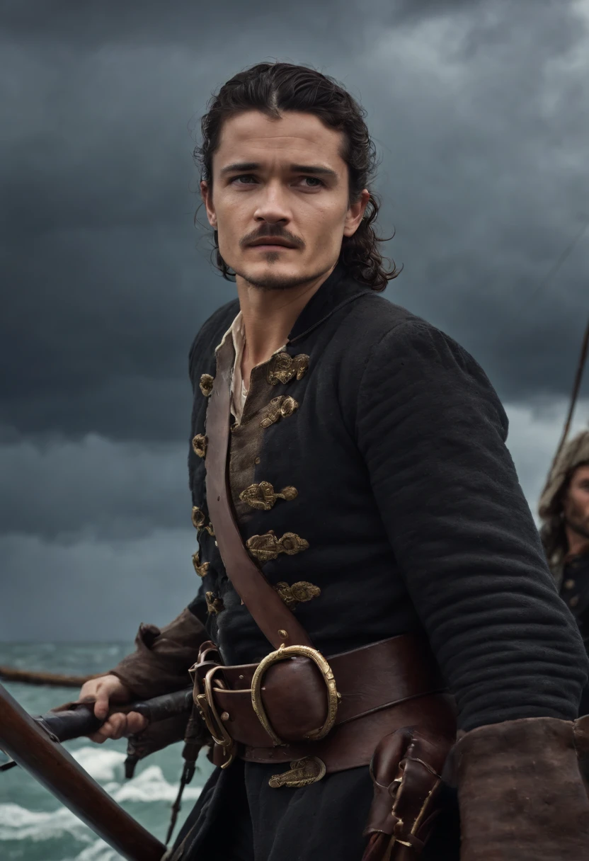 Orlando Bloom，Stand at the bow of the pirate ship，Wielding a giant sword，Painful expression，In the square，dark stormy clouds