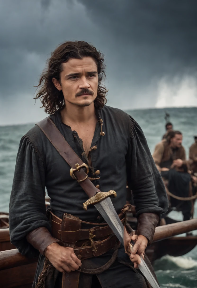 Orlando Bloom，Stand at the bow of the pirate ship，Wielding a giant sword，Painful expression，In the square，dark stormy clouds