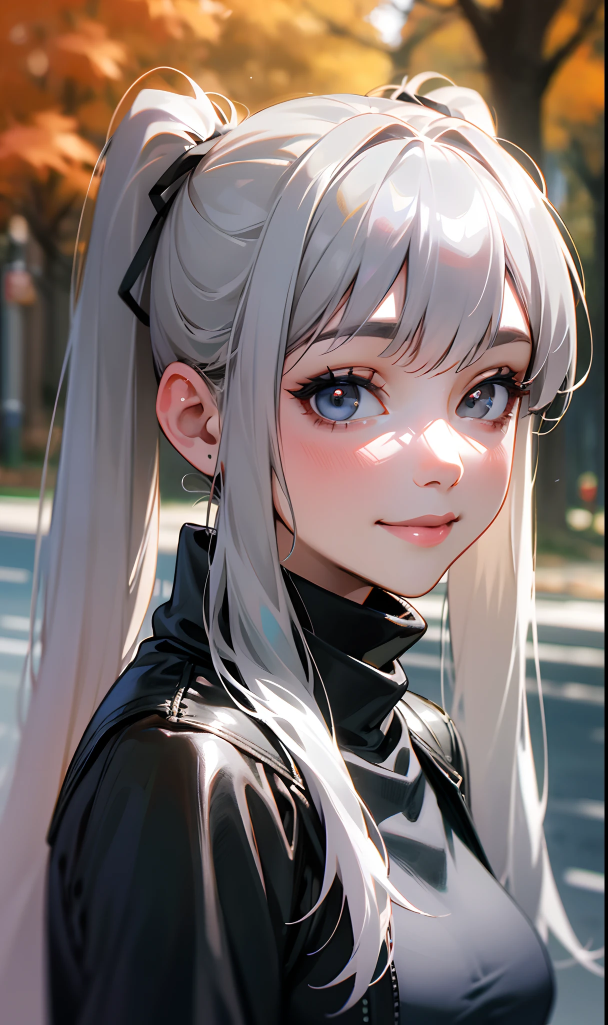 high-quality, 4k, ultra-detailed, realistic, portraits, silver straight long hair, gray eyes, twin tails, huge breasts, black leather jacket, black turtleneck shirt, black miniskirt, black pantyhose, meeting in front of autumn trees on the street, smiling, soft lighting, vibrant colors