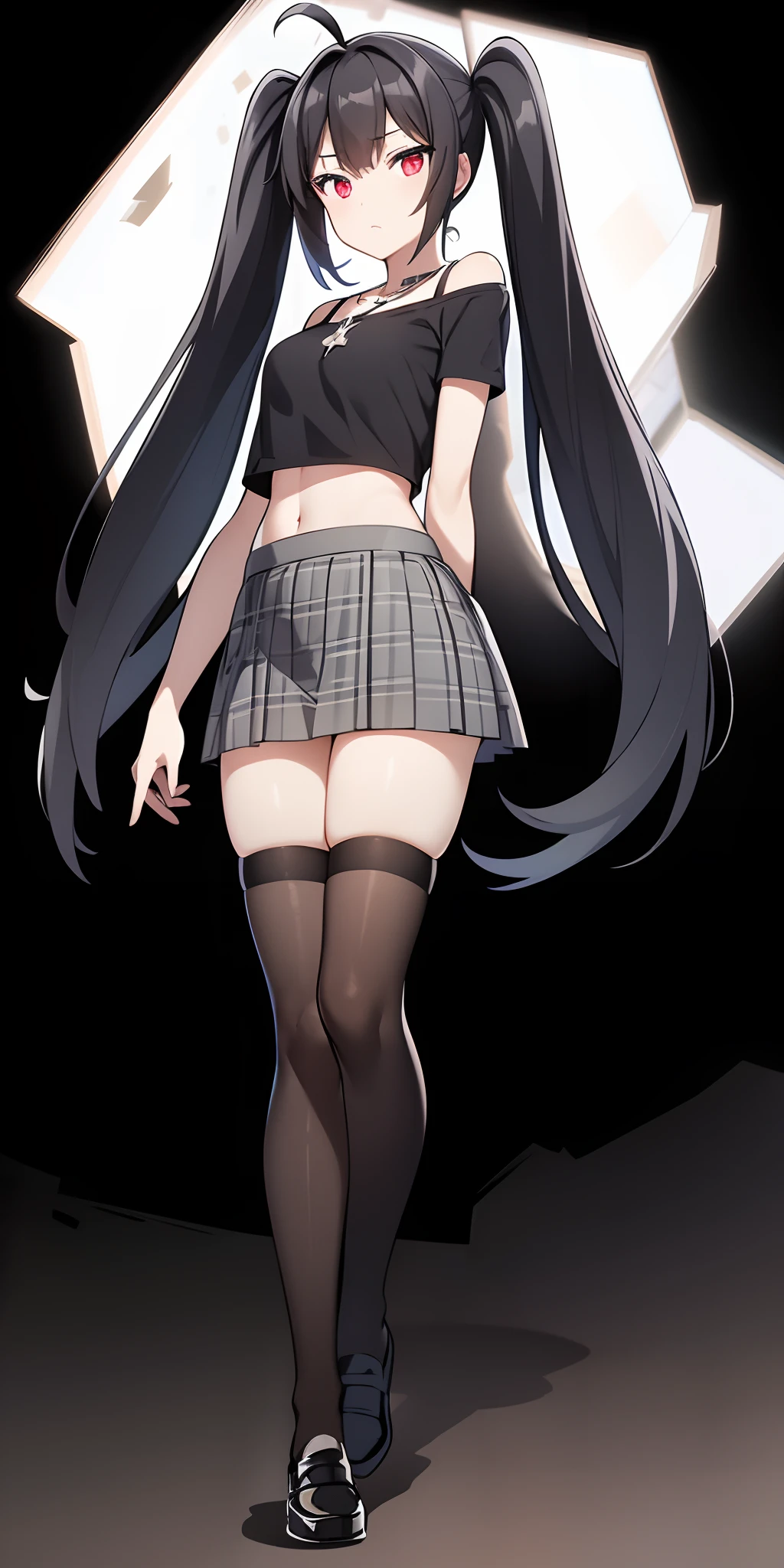 girl ,beautiful face, long hair,medium breasts, black background, masterpiece, best quality, standing, ahoge, dark blue hair, mature female, twintails, off-shoulder shirt, black shirt, short sleeves, bra strap, {{{crop top}}}, expressionless, {{plaid skirt}}, {{{grey skirt}}}, frilled skirt, thighhighs, star necklace, arms behind back, red eyes, glowing eyes, detailed eyes, full body, loafers, navel, bare shoulders,