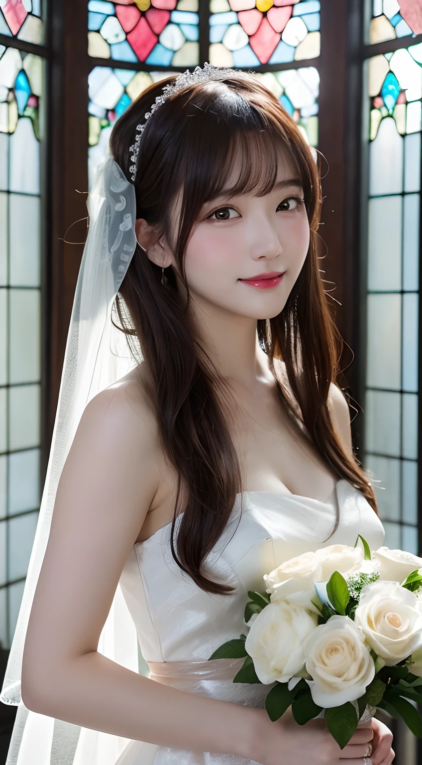 (top-quality,​masterpiece:1.3,超A high resolution,),(ultra-detailliert,Caustics),(Photorealsitic:1.4,RAW shooting,)Ultra-realistic capture,A highly detailed,High resolution 16K human skin closeup。 Skin texture is natural、,The pores are、Must be detailed enough to be easy to identify。 Skin should look healthy with even tones。 Use natural light and color,女の子1人,japanes,kawaii,22year old,Crying and laughter,Looking at the camera,Natural brown hair,half up,Medium-sized breasts,wedding veil,Pure White Wedding Dresses,Having a bouquet,erect through,Looking at the camera,chapel,(stain glass),Flooded with light,Front view,front-facing view,cowboy  shot,Low position,Vantage viewpointnatural light