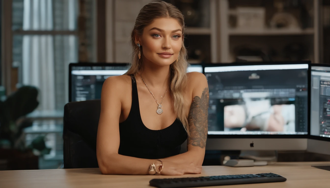 focused portrait of Gigi Hadid sitting at a desk with a computer and a keyboard, looking at camera, , tattooed , as a youtuber, looking at viewer ,smiling, modern portrait shot 8k, lens light, portrait of Gigi Hadid, Gigi Hadid cute, cinematic lens, wearing white Knitted Sleeveless Tank Tops, photorealistic fujifilm , detailed face , detailed eyes , focus on eyes .