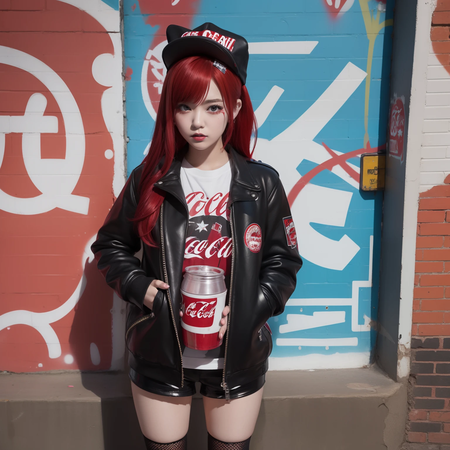 Coke-covered female idol(red hairs、Cute Punk Fashion)、Reluctant、full body Esbian、Drink cola、graffiti wall、fishnet tights、knee sox