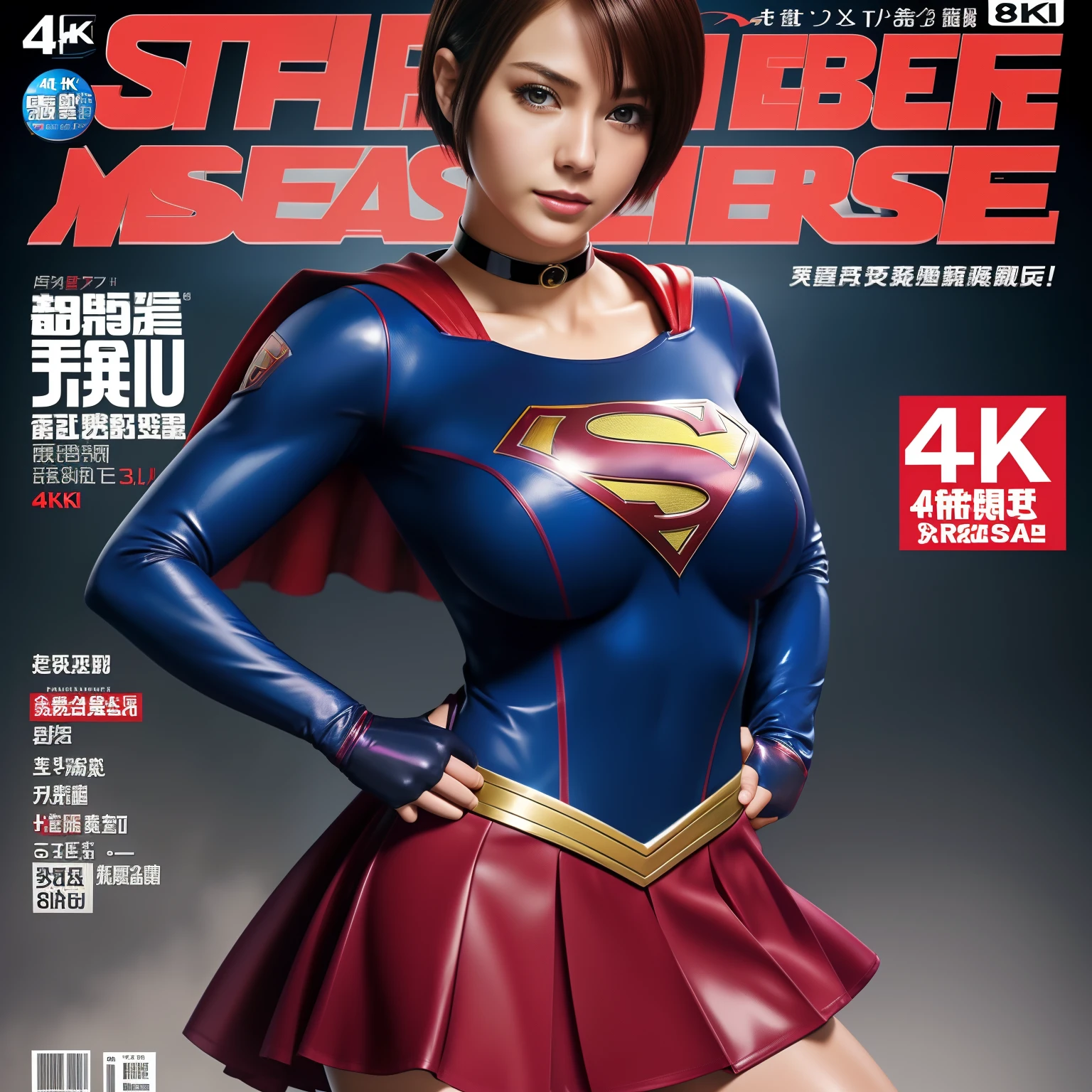 (Best Quality,4K,8K,hight resolution,masutepiece:1.2),Ultra-detailed,Realistic:1.37,Super masterpiece,Short-haired Supergirl、large full breasts、Looking at the camera、Glossy costume、a choker、Too short miniskirt、Weekly magazine cover、Powerful Pose、