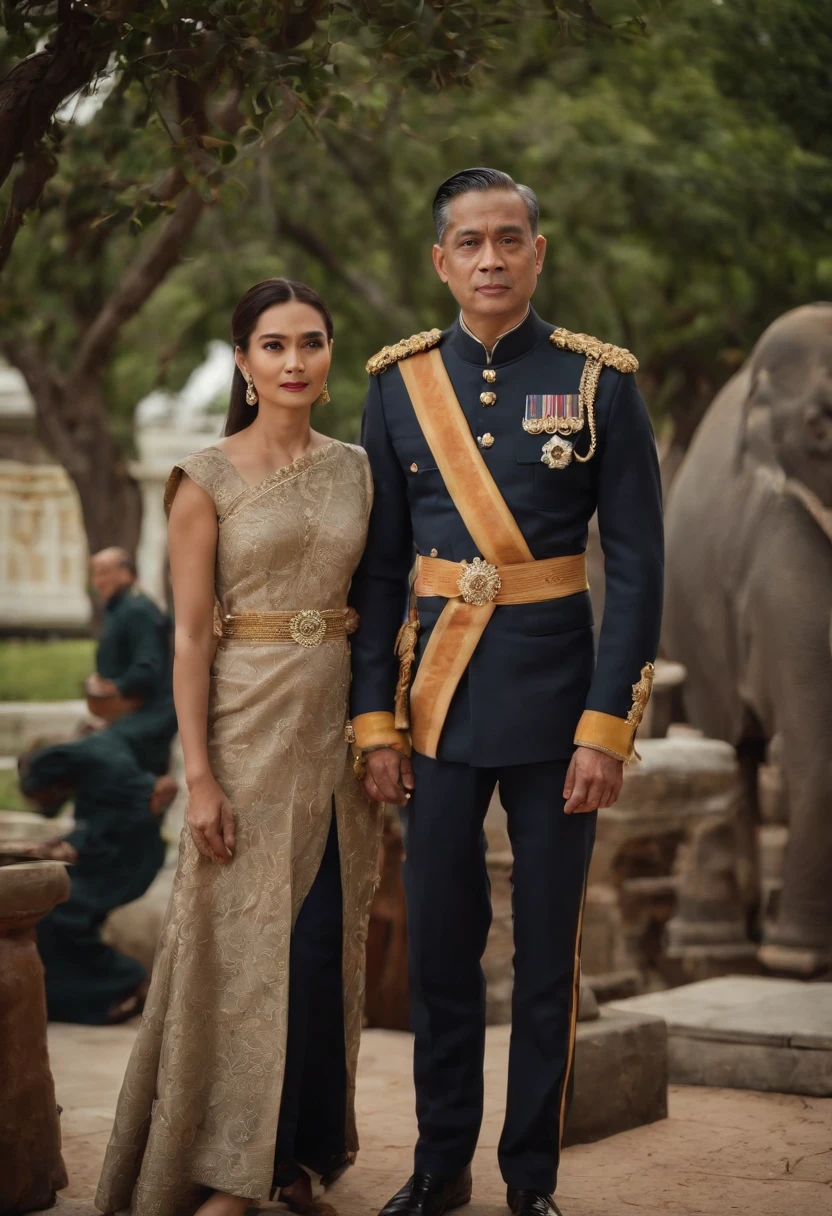 King Maha Vajiralongkorn of Thailand,Stand in front of a Thai-style temple,Next to him stood an elephant,The expression is serious,Under the Bodhi tree,dark stormy clouds